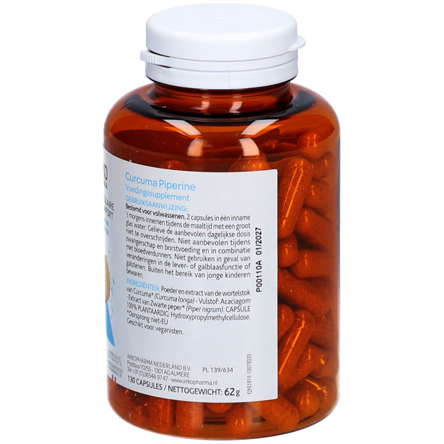 Flacon marron avec bouchon blanc. Inscription: Curcuma Pipérine. Ingrédients et conseils d'utilisation. 130 gélules.
