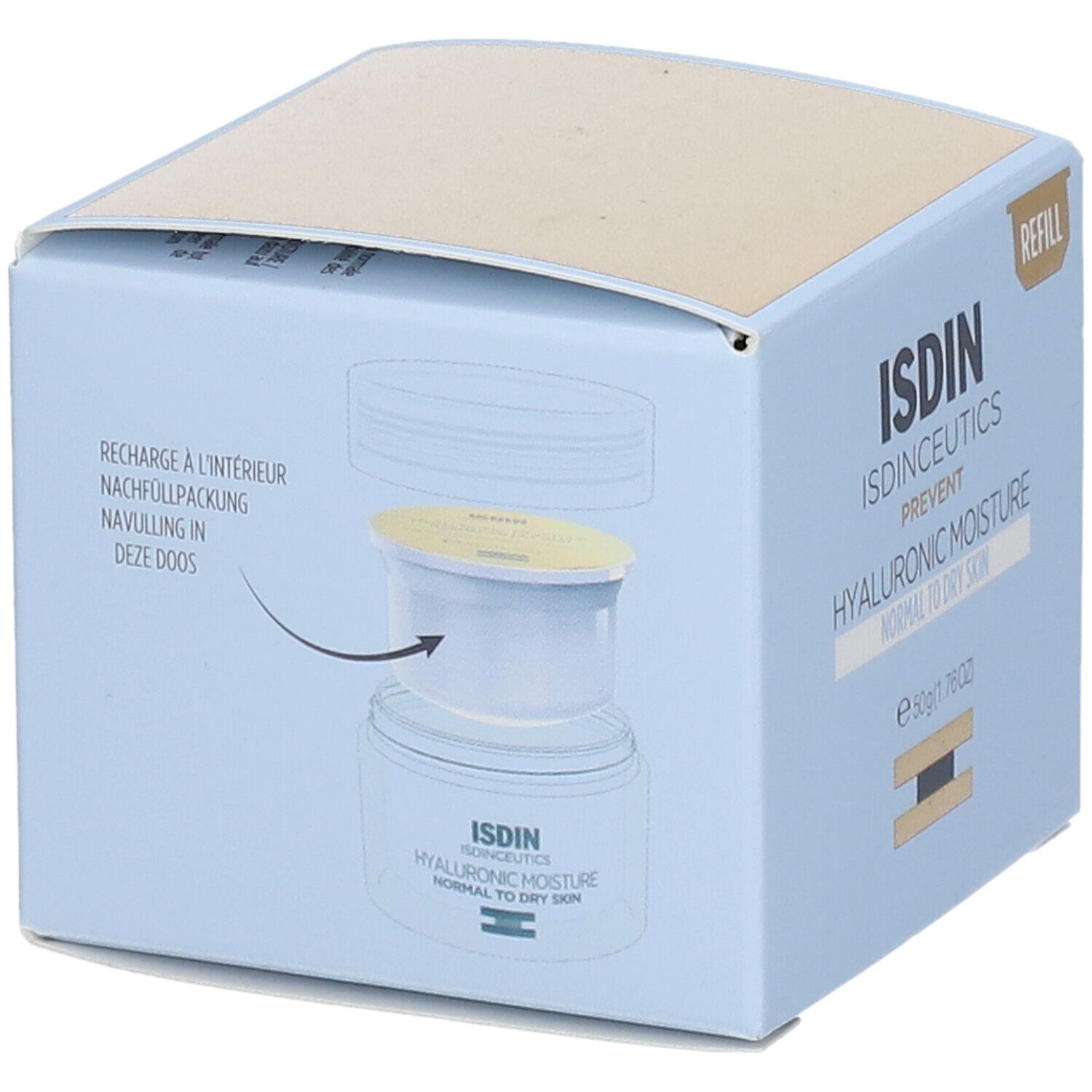 Lichtblauwe doos met productillustratie. ISDIN-logo en productnaam. "Hyaluronic Moisture" voor normale tot droge huid. Navulling.