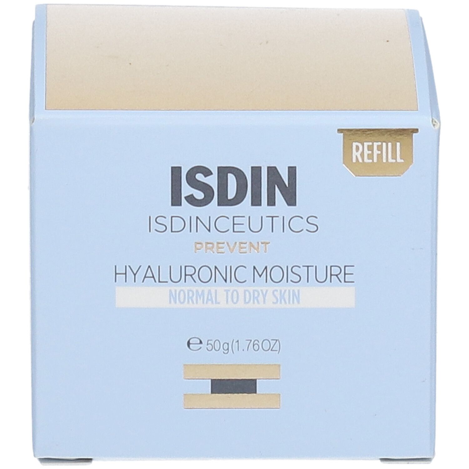 Lichtblauwe doos met productinfo. ISDIN-logo en productnaam. "Hyaluronic Moisture" voor normale tot droge huid. 50g.