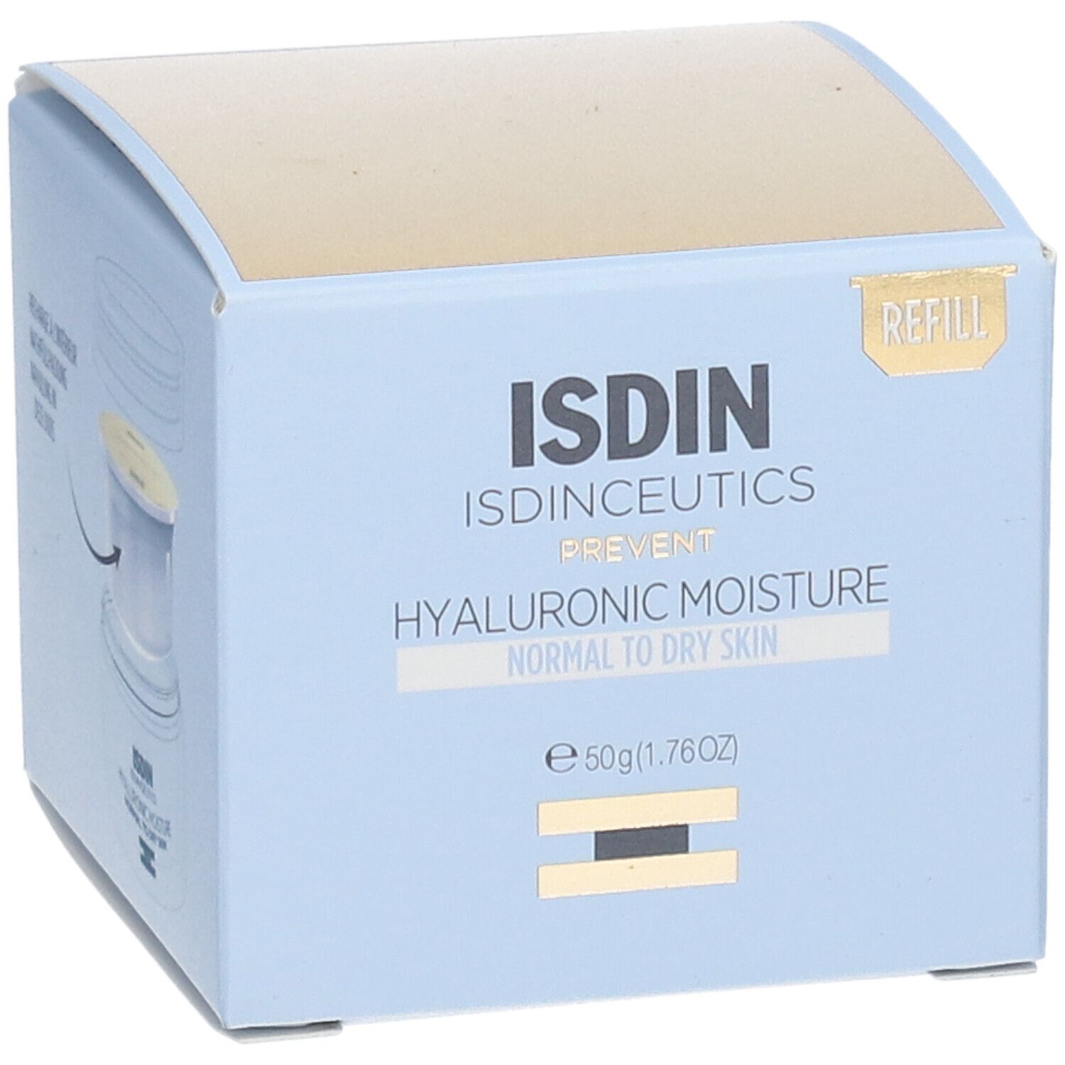 Lichtblauwe doos met productinfo. ISDIN-logo en productnaam. "Hyaluronic Moisture" voor normale tot droge huid. 50g.
