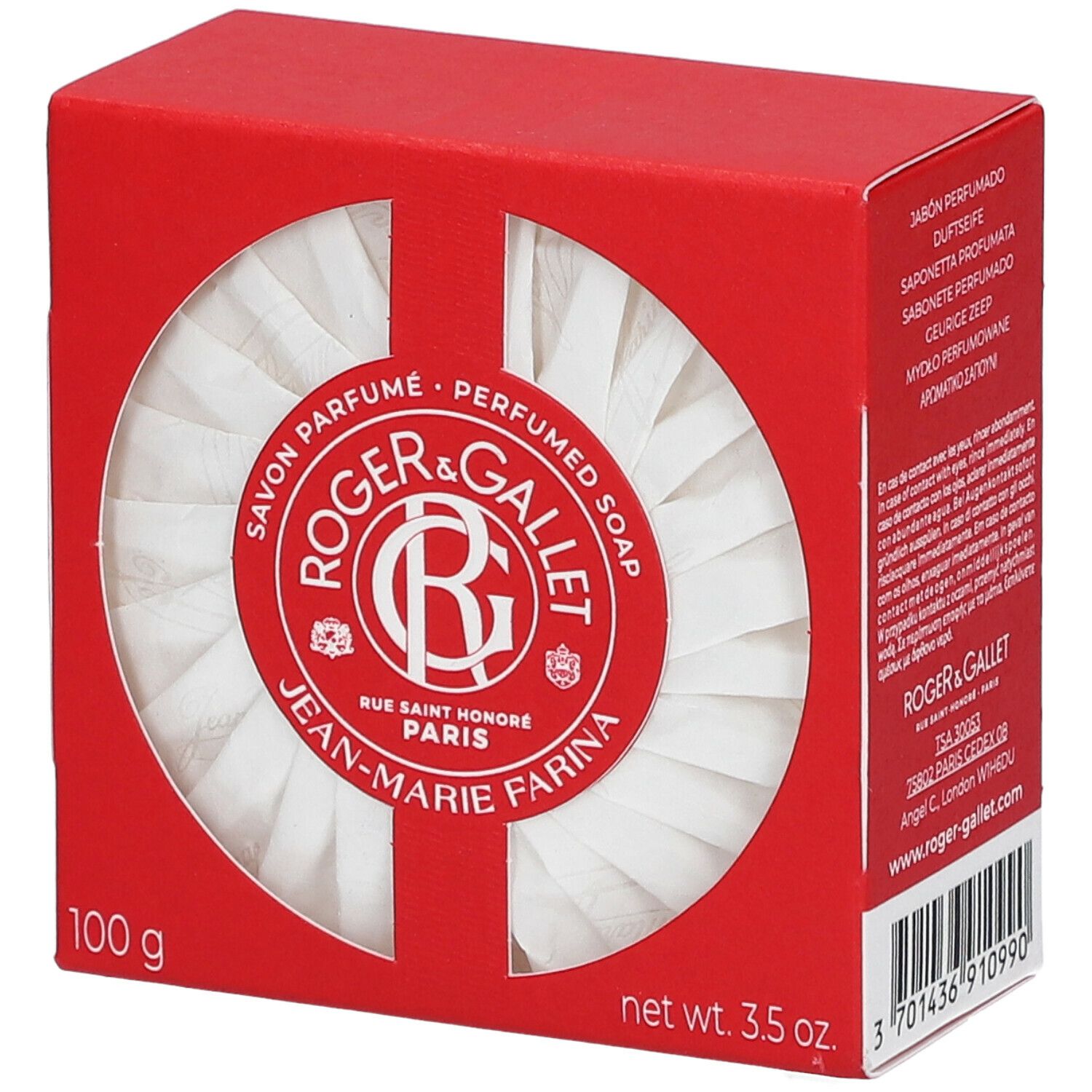 Boîte rouge avec savon blanc rond. Logo Roger & Gallet, Jean-Marie Farina. Poids : 100 g, 3.5 oz.