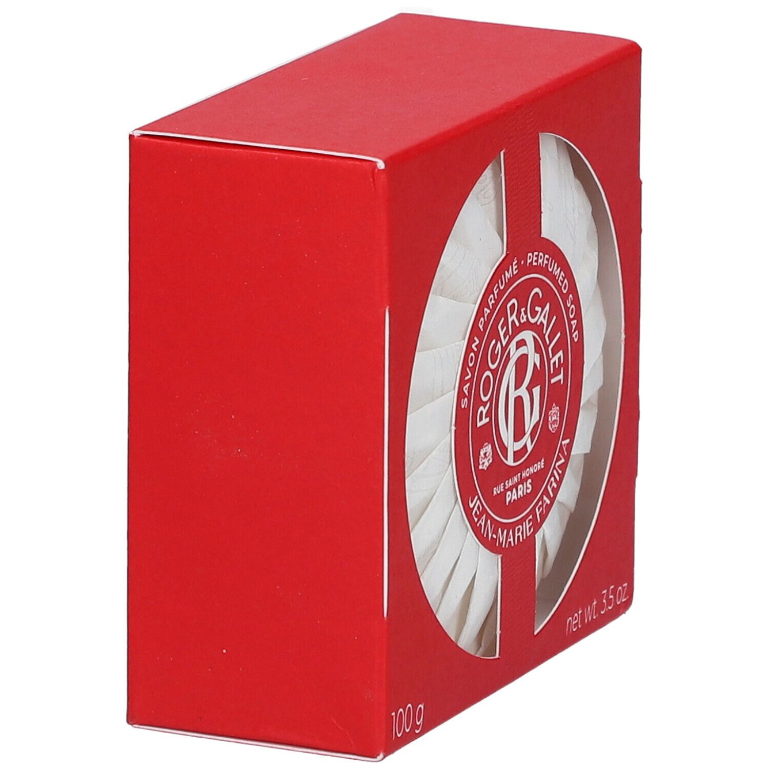 Boîte rouge avec fenêtre. Savon blanc rond visible. Logo Roger & Gallet, Jean-Marie Farina. Poids : 100 g, 3.5 oz.