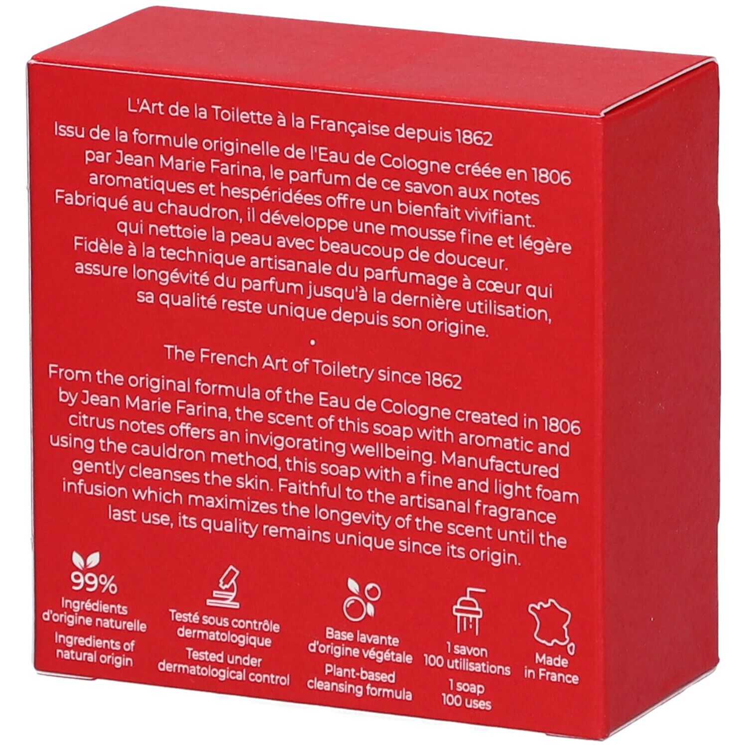 Boîte rouge, dos avec texte. Texte sur le savon, ingrédients, contrôle dermatologique, 100 utilisations, fabriqué en France.
