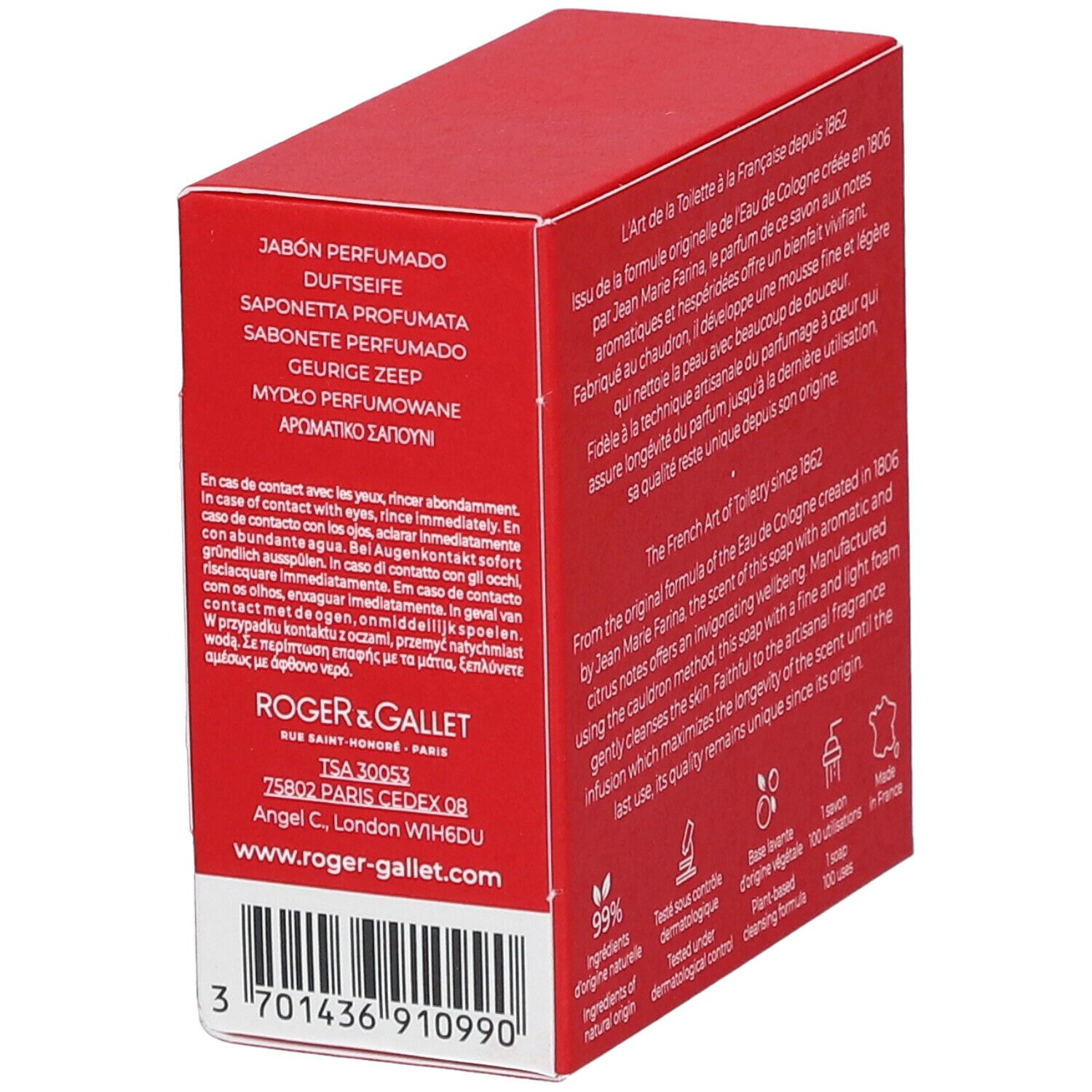 Boîte rouge, côté avec texte. Texte sur le savon, ingrédients, contrôle dermatologique, 100 utilisations, fabriqué en France.