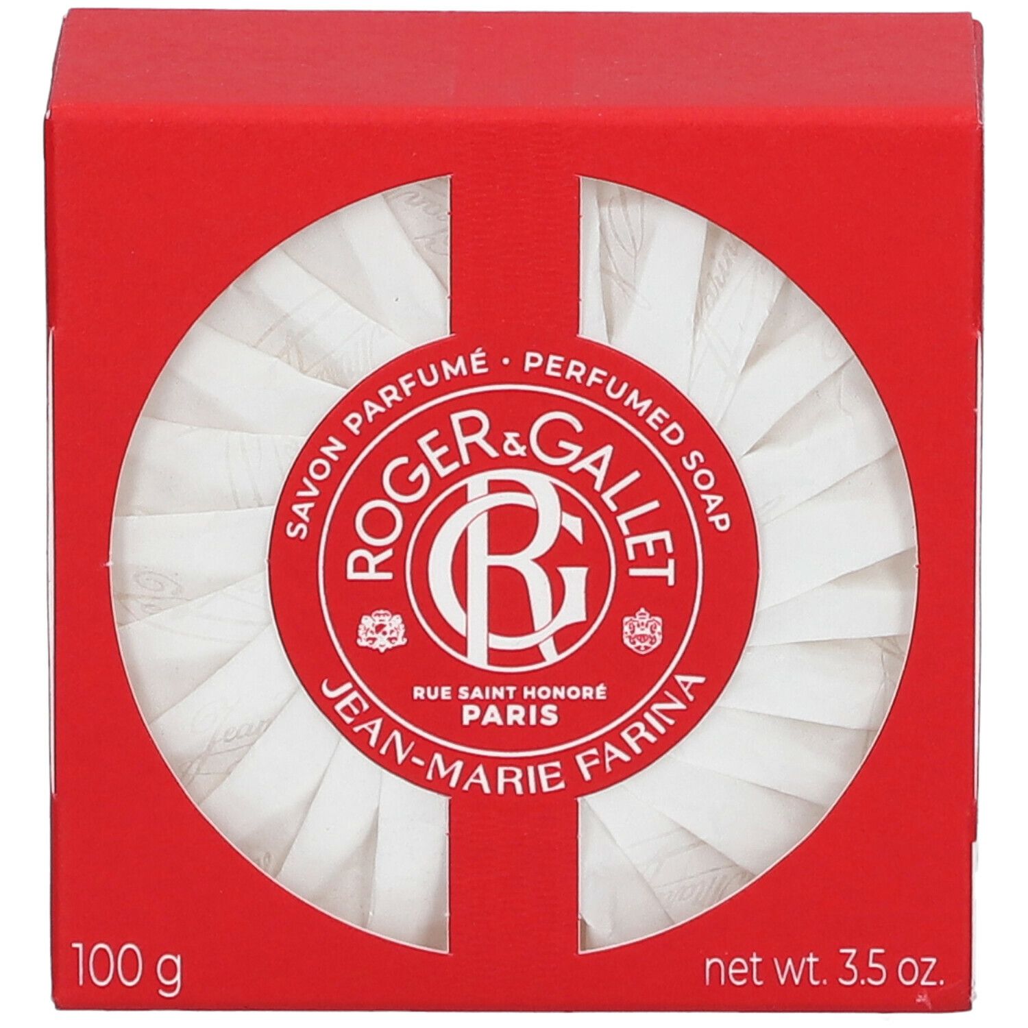 Boîte rouge avec savon blanc rond. Logo Roger & Gallet, Jean-Marie Farina. Poids : 100 g, 3.5 oz.