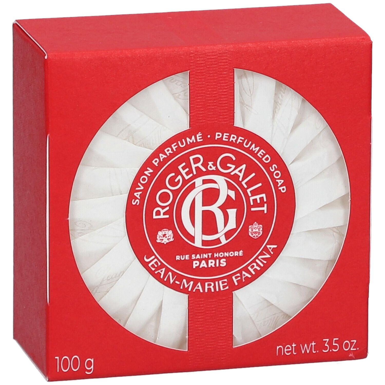 Boîte rouge avec savon blanc rond. Logo Roger & Gallet, Jean-Marie Farina. Poids : 100 g, 3.5 oz.
