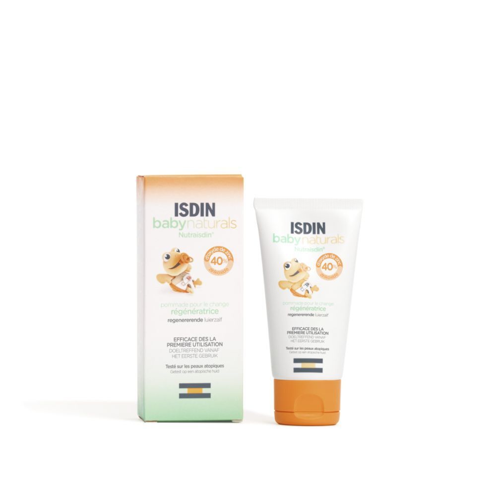 Tube et boîte. Inscription: ISDIN baby naturals. Logo: tortue. Texte: Pommade pour le change régénératrice. Protection 40%.
