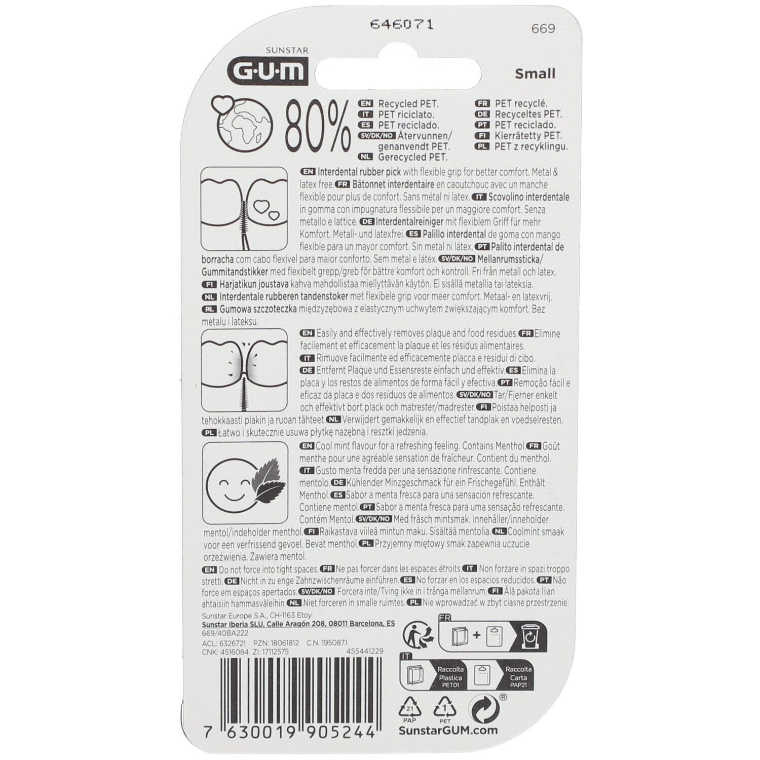 Verpakking met productinformatie. GUM-logo, 80% recycling symbool. Meertalige tekst. Klein Minze.