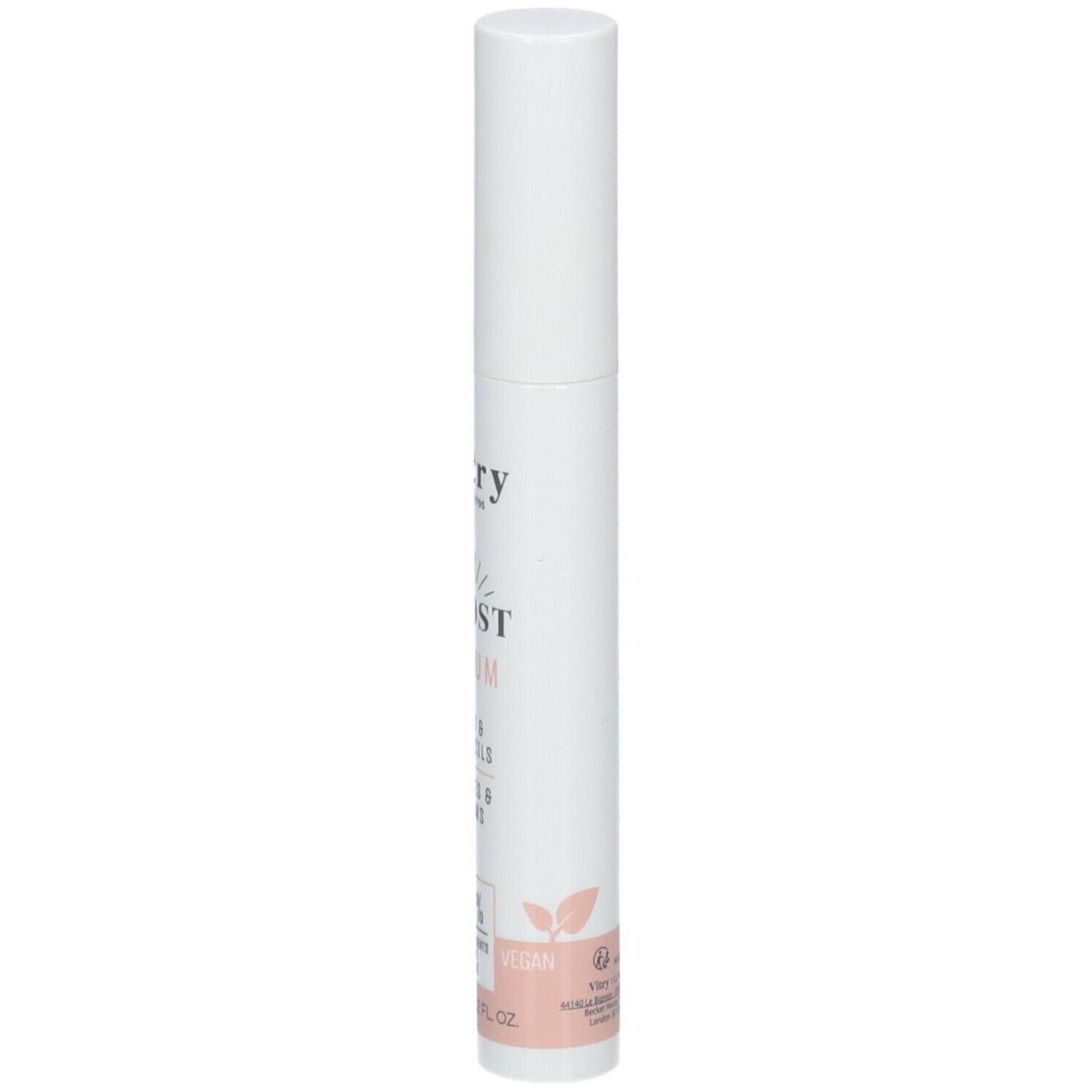Weißer Zylinder mit Schriftzug. "Vitry BOOST SERUM CILS & SOURCILS". Vegan-Logo.