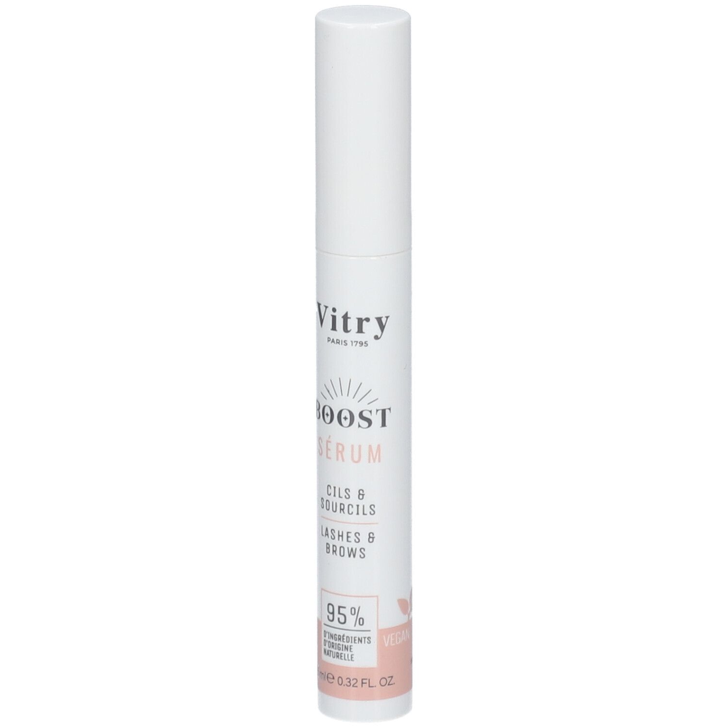 Weißer Zylinder mit Schriftzug. "Vitry BOOST SERUM CILS & SOURCILS". 95% Inhaltsstoffe natürlichen Ursprungs.