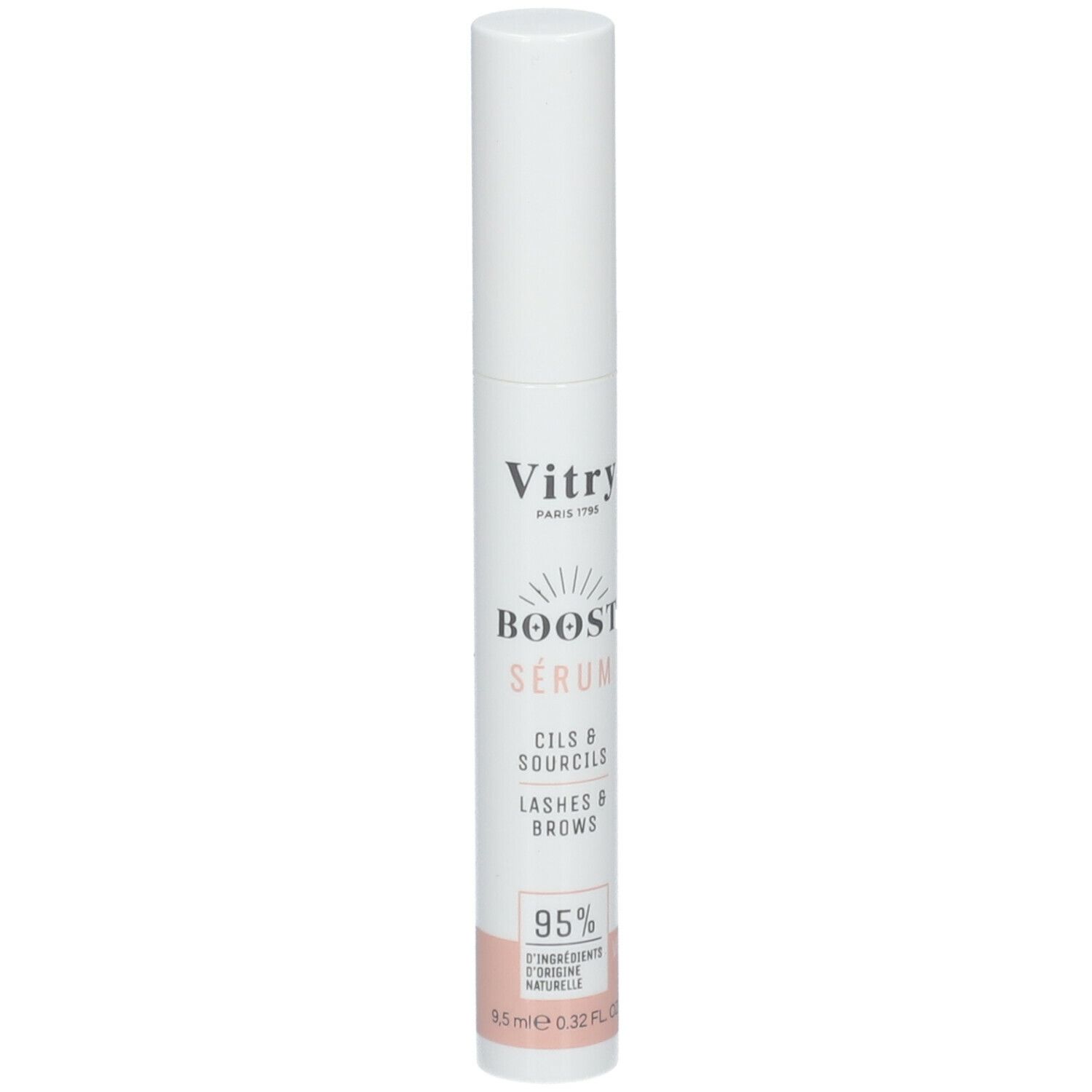 Weißer Zylinder mit Schriftzug. "Vitry BOOST SERUM CILS & SOURCILS". 95% Inhaltsstoffe natürlichen Ursprungs.