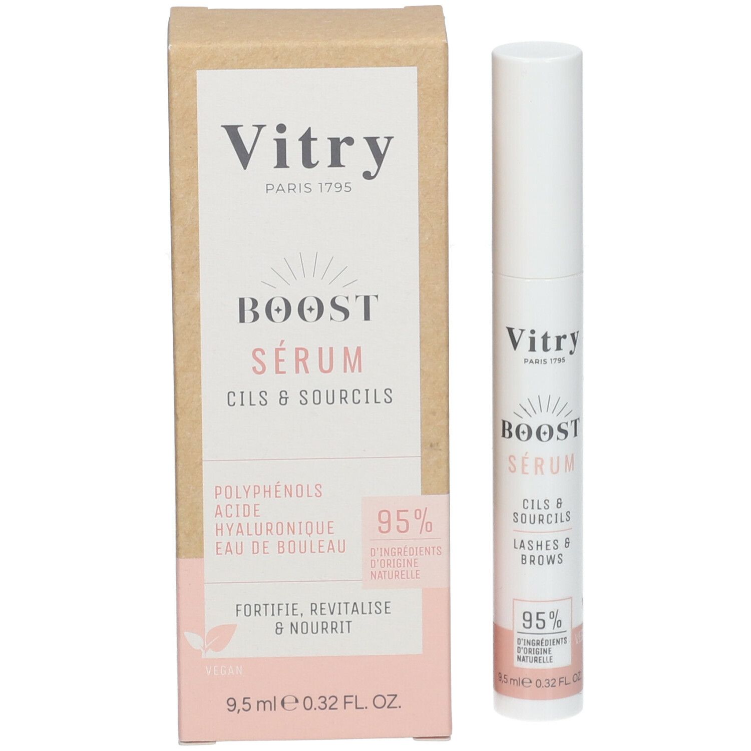 Produktverpackung und Zylinder. "Vitry BOOST SERUM CILS & SOURCILS". 95% Inhaltsstoffe natürlichen Ursprungs.