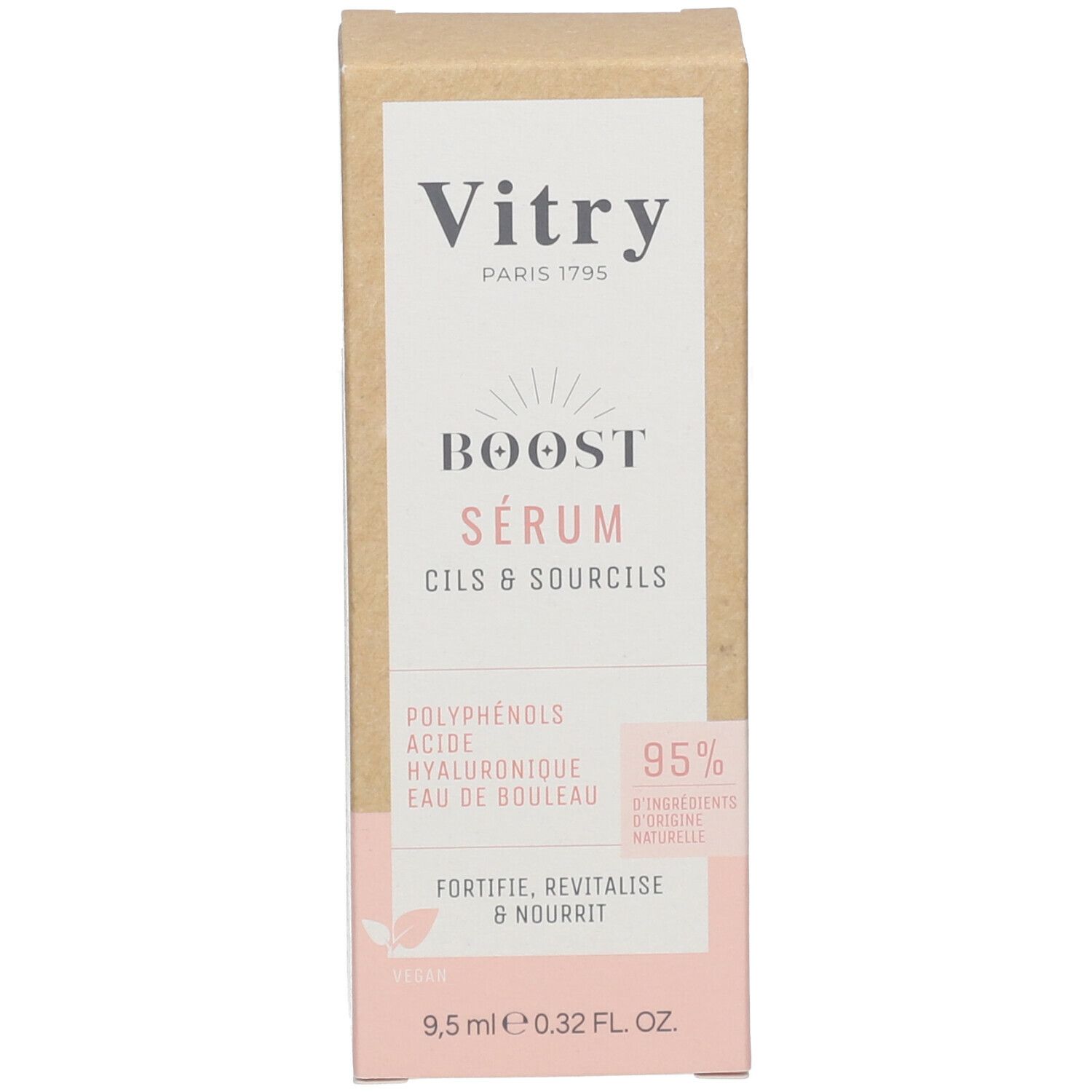 Produktverpackung. "Vitry BOOST SERUM CILS & SOURCILS". 95% Inhaltsstoffe natürlichen Ursprungs.
