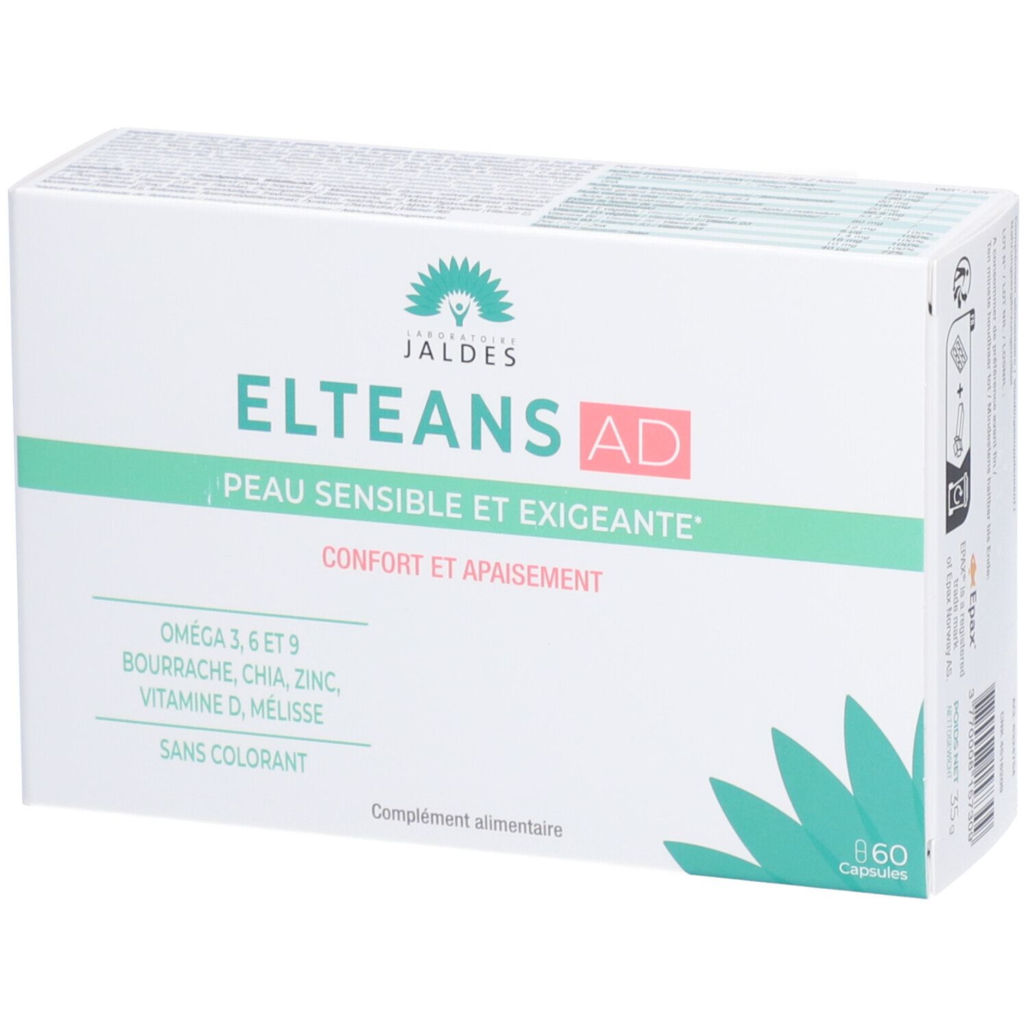 Boîte blanche ELTEANS AD. Contient 60 capsules. Inscriptions : Peau sensible et exigeante, Omega 3, 6 et 9, sans colorant.