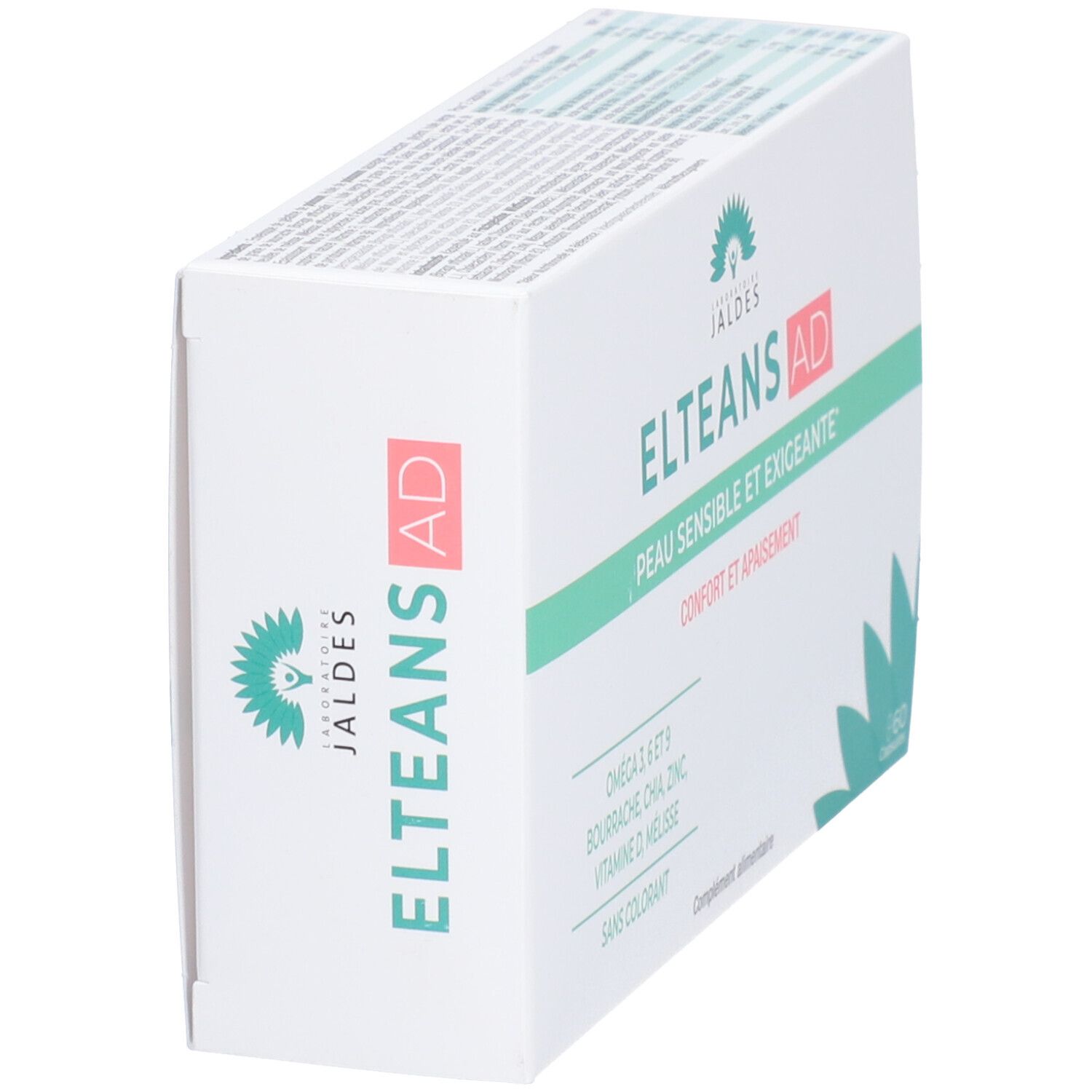 Boîte blanche ELTEANS AD en biais. Texte : Peau sensible et exigeante, Omega 3, 6 et 9, sans colorant. Logo Jaldes.