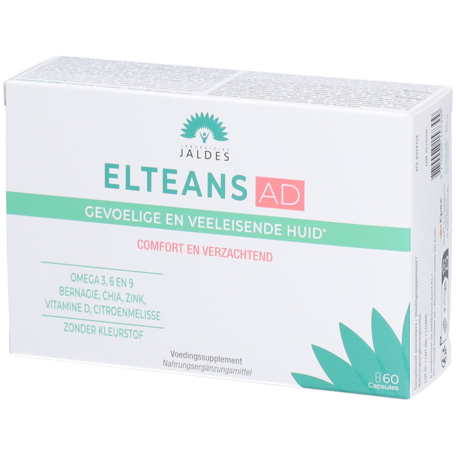 Boîte blanche ELTEANS AD. Contient 60 capsules. Inscriptions : Gevoelige en veeleisende huid, Omega 3, 6 en 9, zonder kleurstof.