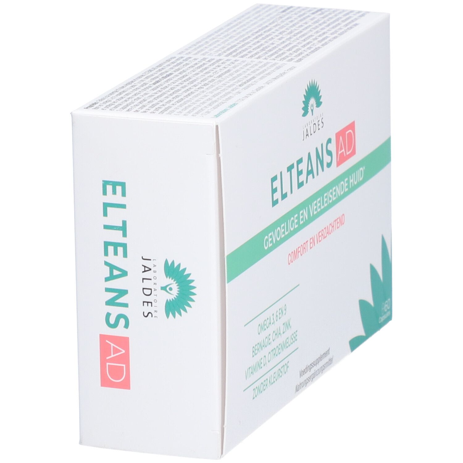Boîte blanche ELTEANS AD en biais. Texte : Gevoelige en veeleisende huid, Omega 3, 6 en 9, zonder kleurstof. Logo Jaldes.