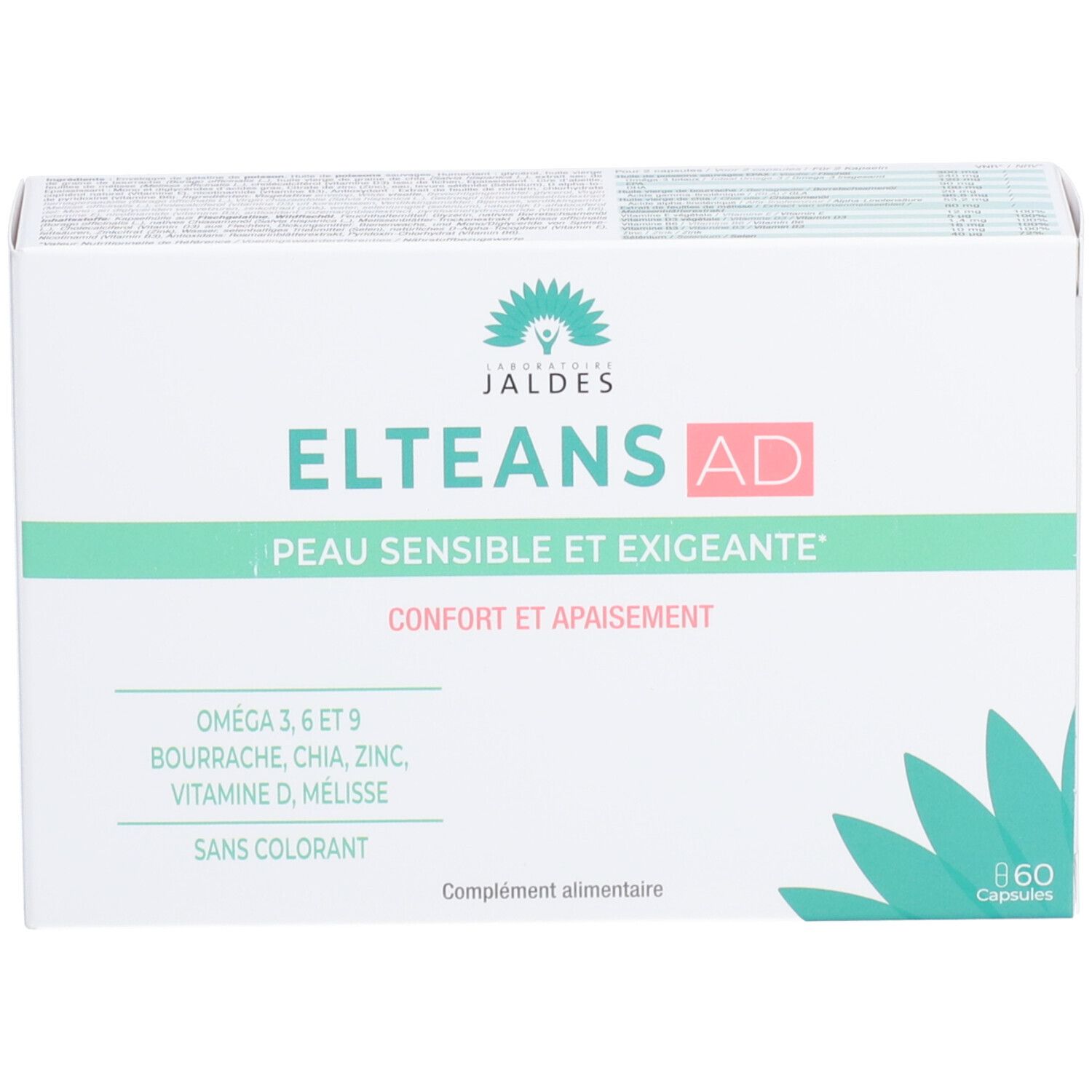 Boîte blanche ELTEANS AD. Contient 60 capsules. Inscriptions : Peau sensible et exigeante, Omega 3, 6 et 9, sans colorant.