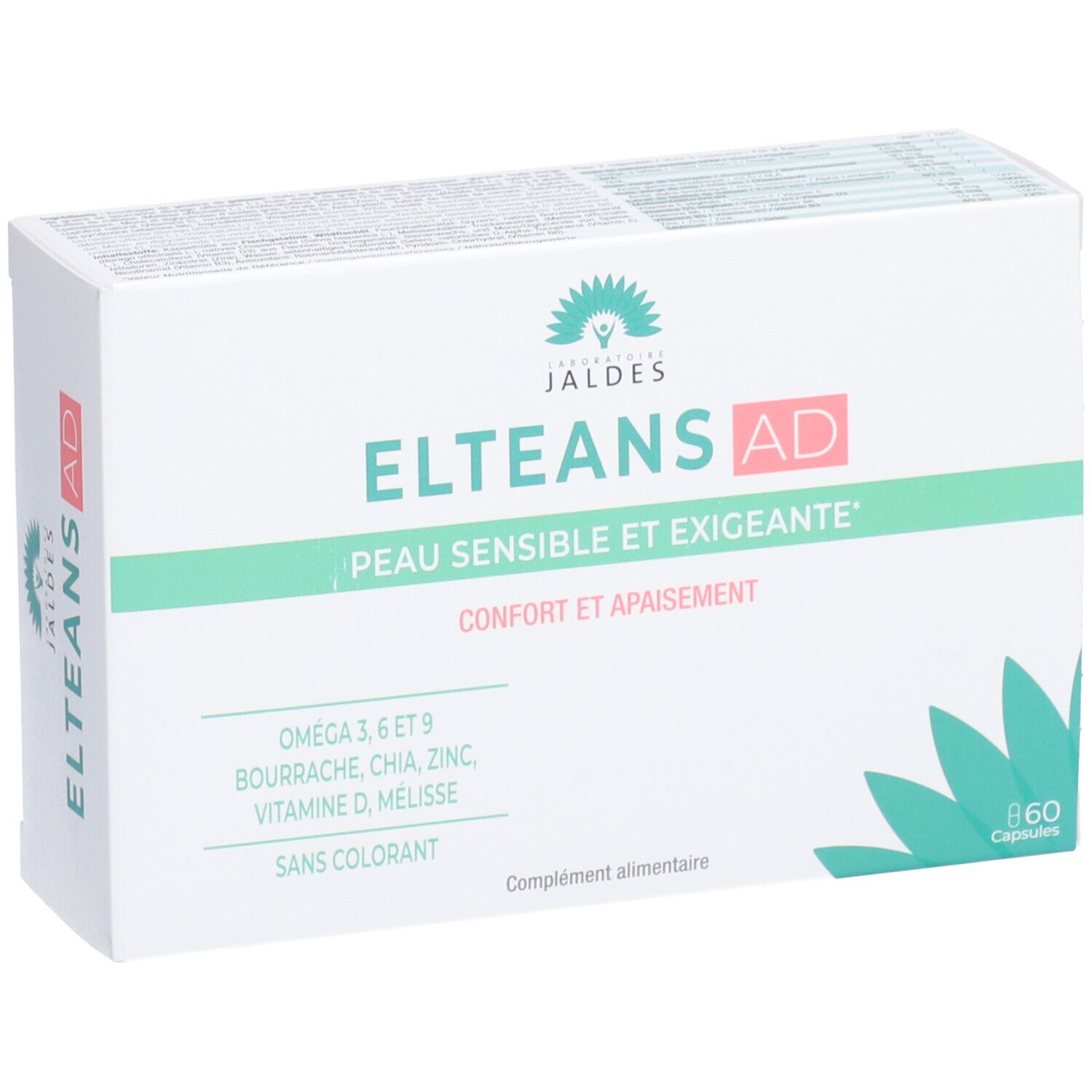 Boîte blanche ELTEANS AD. Contient 60 capsules. Inscriptions : Peau sensible et exigeante, Omega 3, 6 et 9, sans colorant.