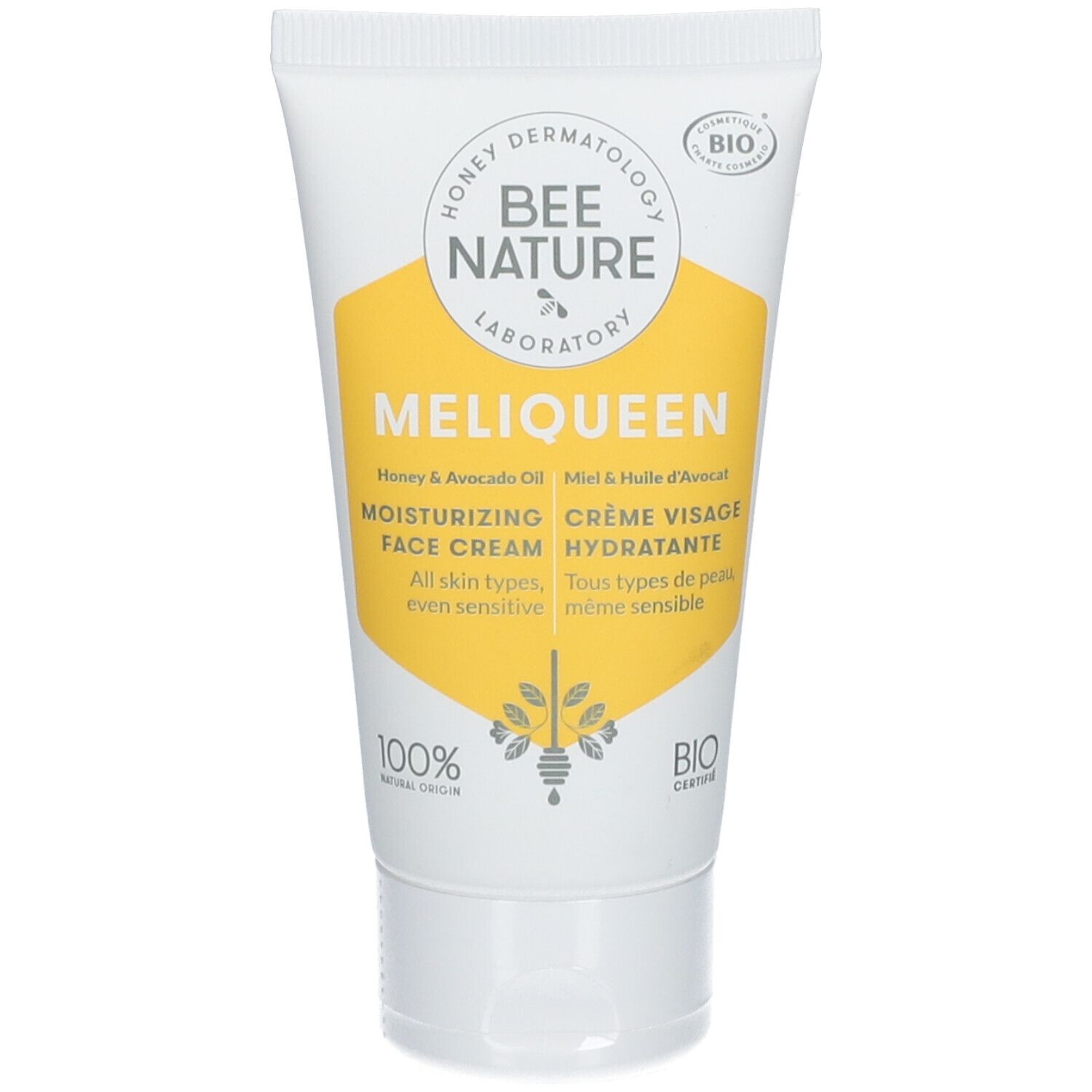 Witte tube met geel etiket. Opschrift: Bee Nature, Meliqueen, Crème Visage Hydratante. Bio-certificering.