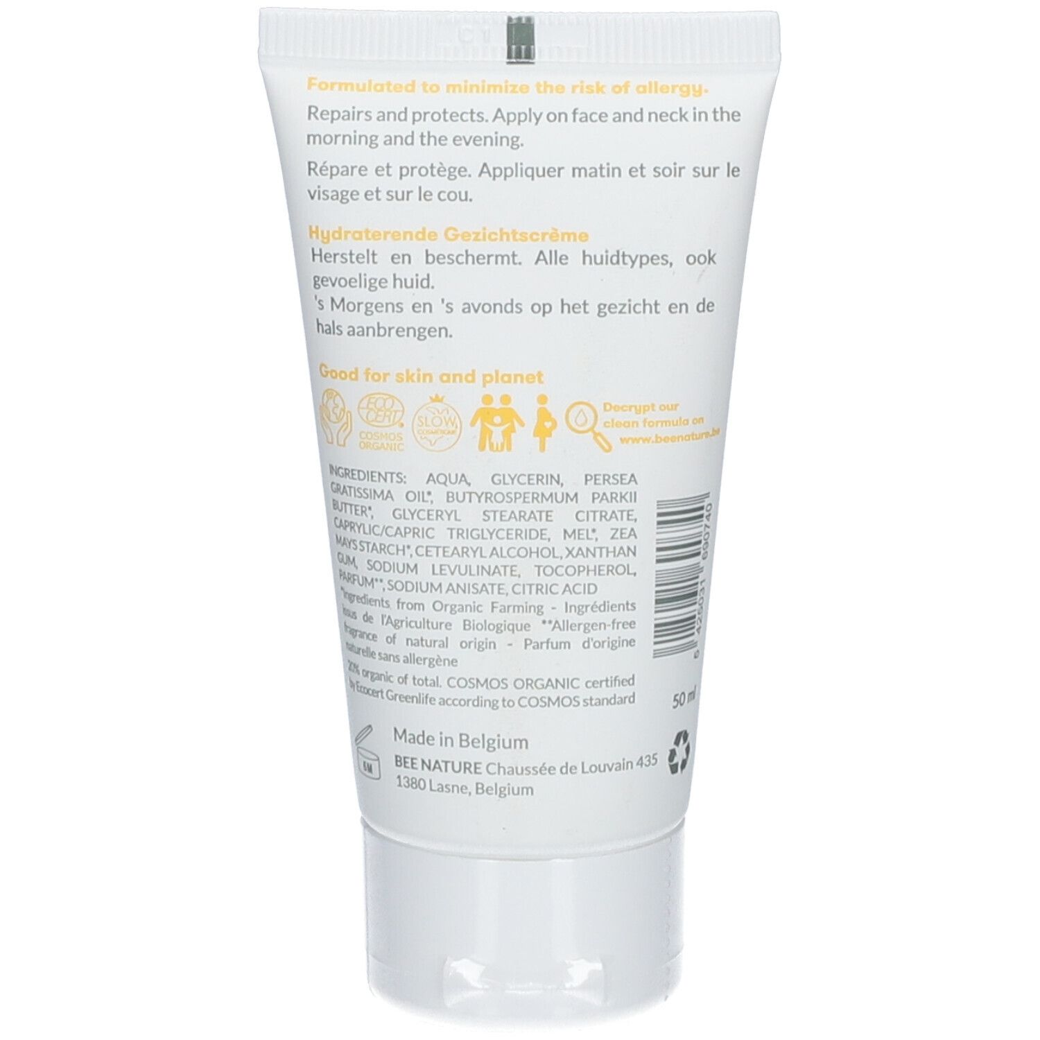 Achterkant van de tube. Tekst: Hydroterende Gesichtscrème. Ingrediënten, bio-certificering, gemaakt in België.