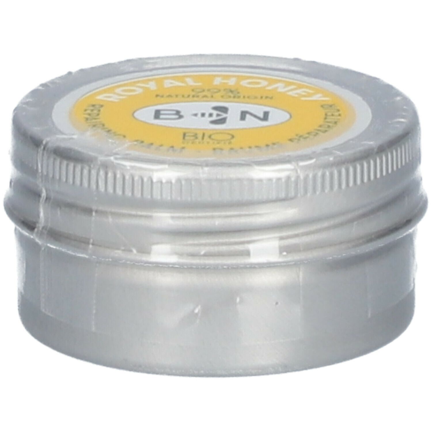 Ronde zilverkleurige pot met gele deksel. Opschrift: ROYAL HONEY, B N, BIO. Verzegeld met folie.