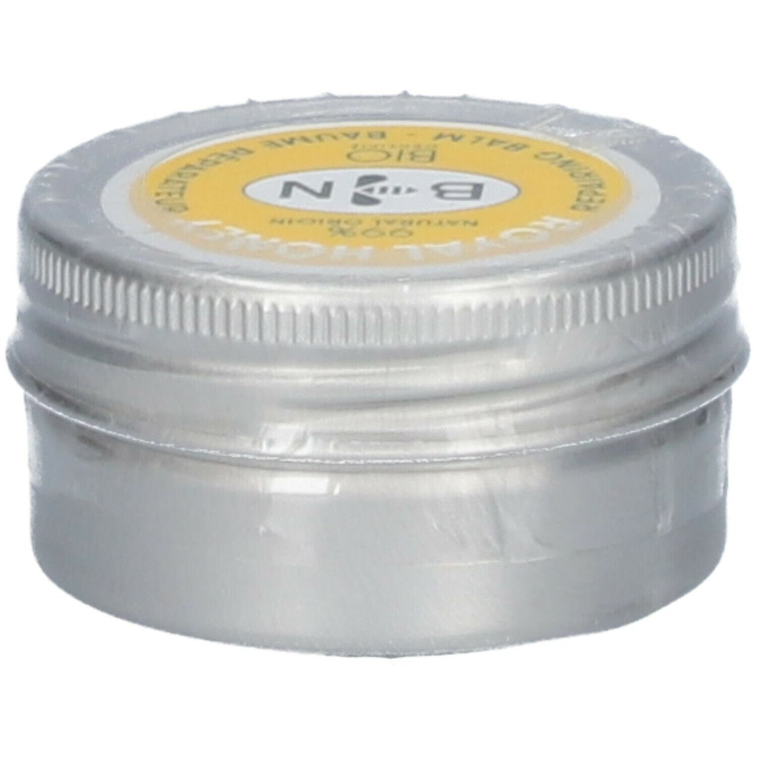 Ronde zilverkleurige pot met gele deksel. Opschrift: ROYAL HONEY, B N, BIO. Verzegeld met folie.