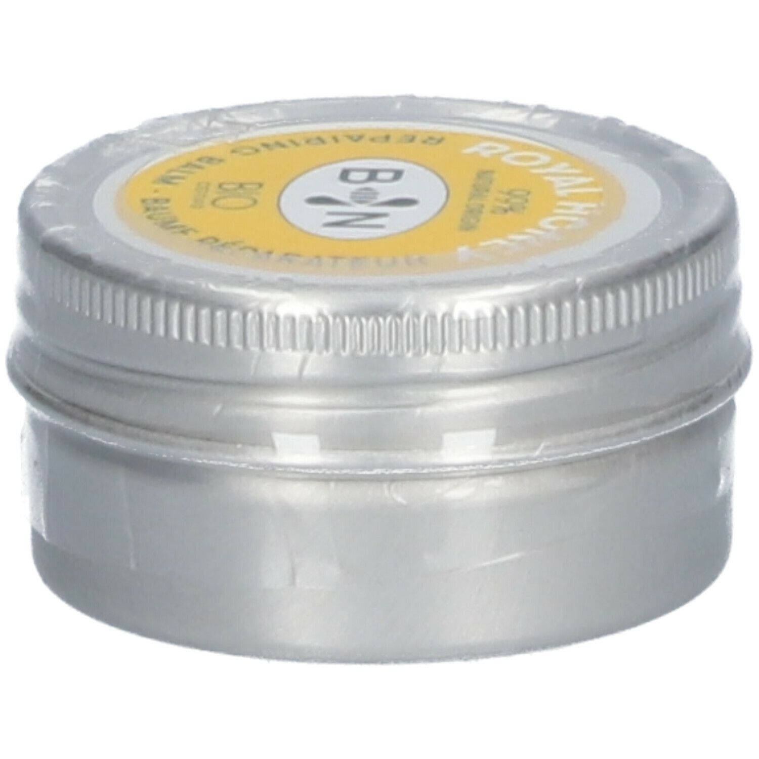 Ronde zilverkleurige pot met gele deksel. Opschrift: ROYAL HONEY, B N, BIO. Verzegeld met folie.