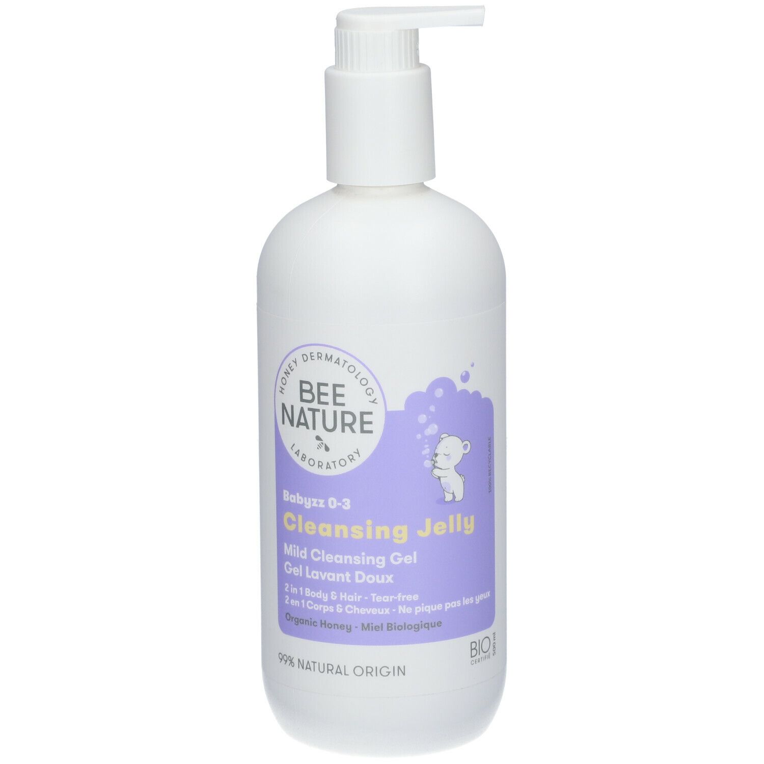 Flacon blanc avec étiquette violette. Texte: Bee Nature, Babyzz 0-3, Cleansing Jelly, Gel Lavant Doux. Avec pompe.