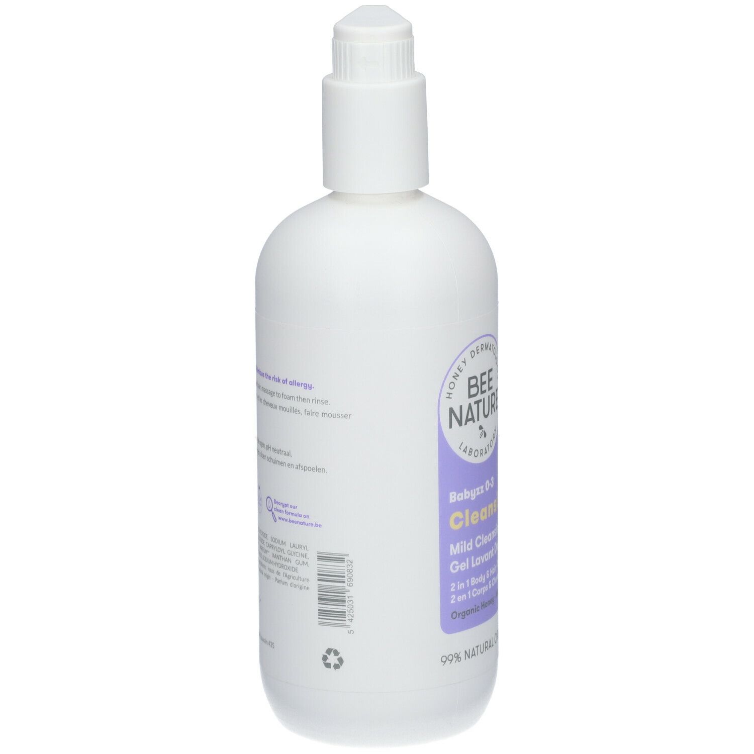 Dos du flacon blanc. Texte: informations sur le produit, ingrédients, fabricant. Avec symbole de recyclage.