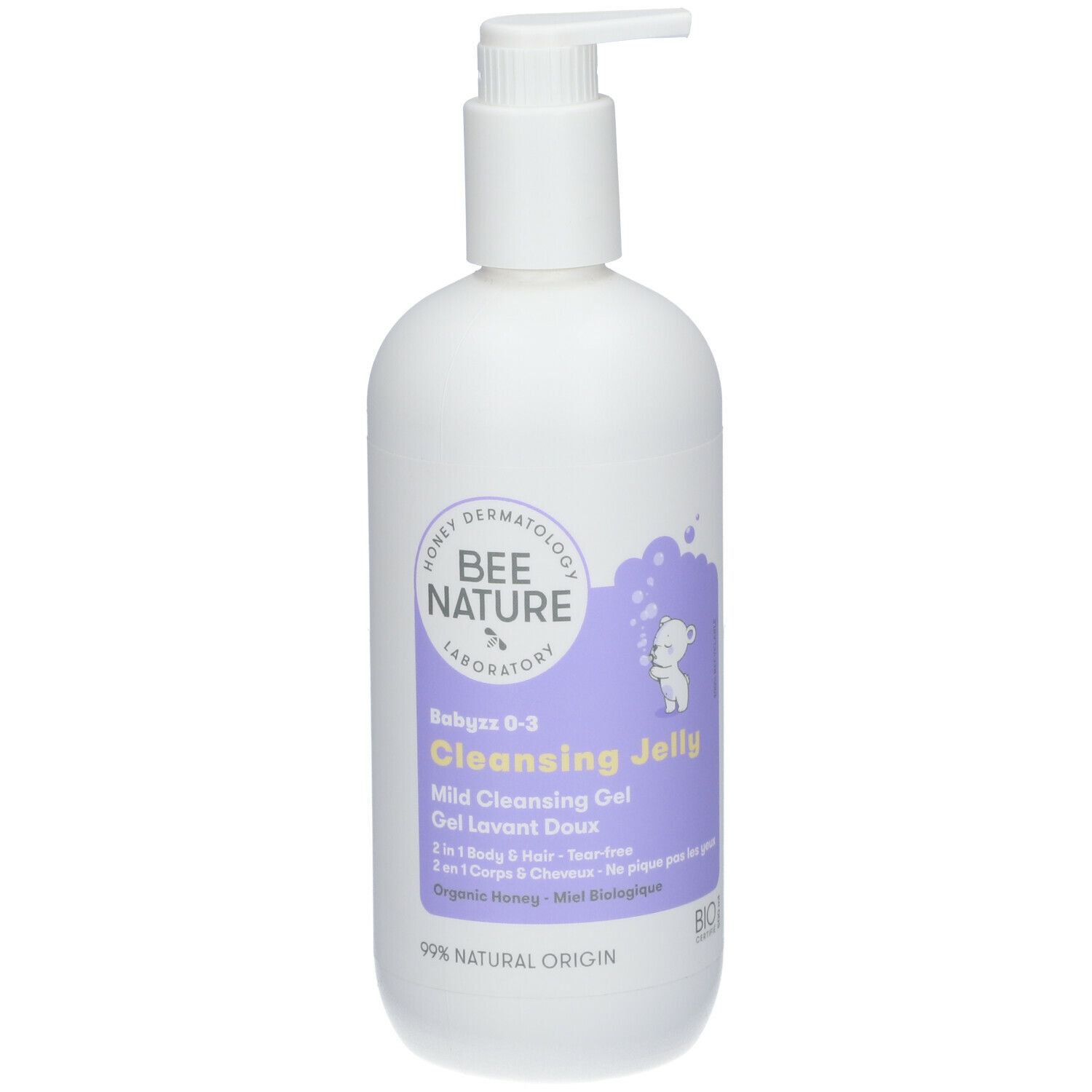 Flacon blanc avec étiquette violette. Texte: Bee Nature, Babyzz 0-3, Cleansing Jelly, Gel Lavant Doux. Avec pompe.