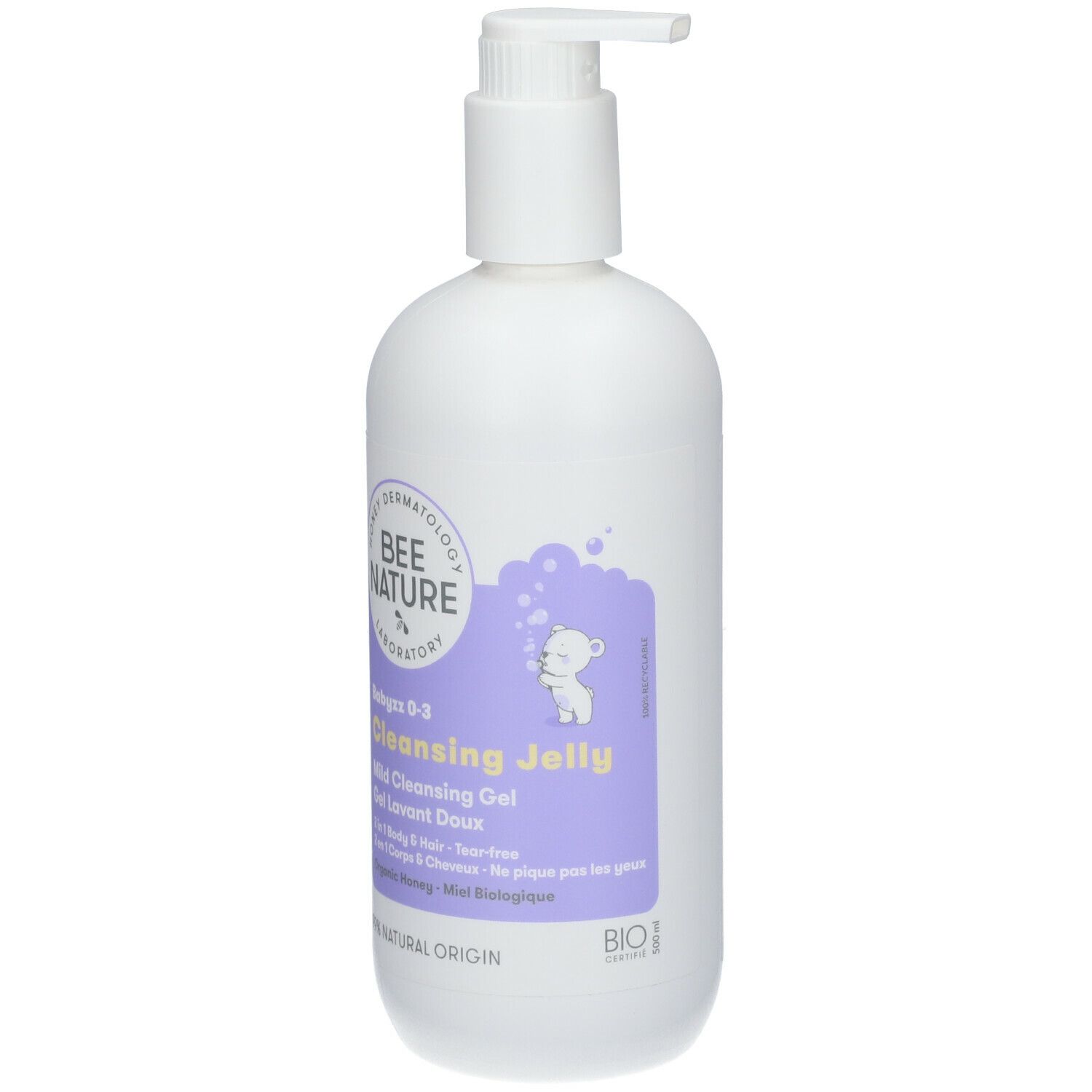 Flacon blanc avec étiquette violette. Texte: Bee Nature, Babyzz 0-3, Cleansing Jelly, Gel Lavant Doux. Avec pompe.
