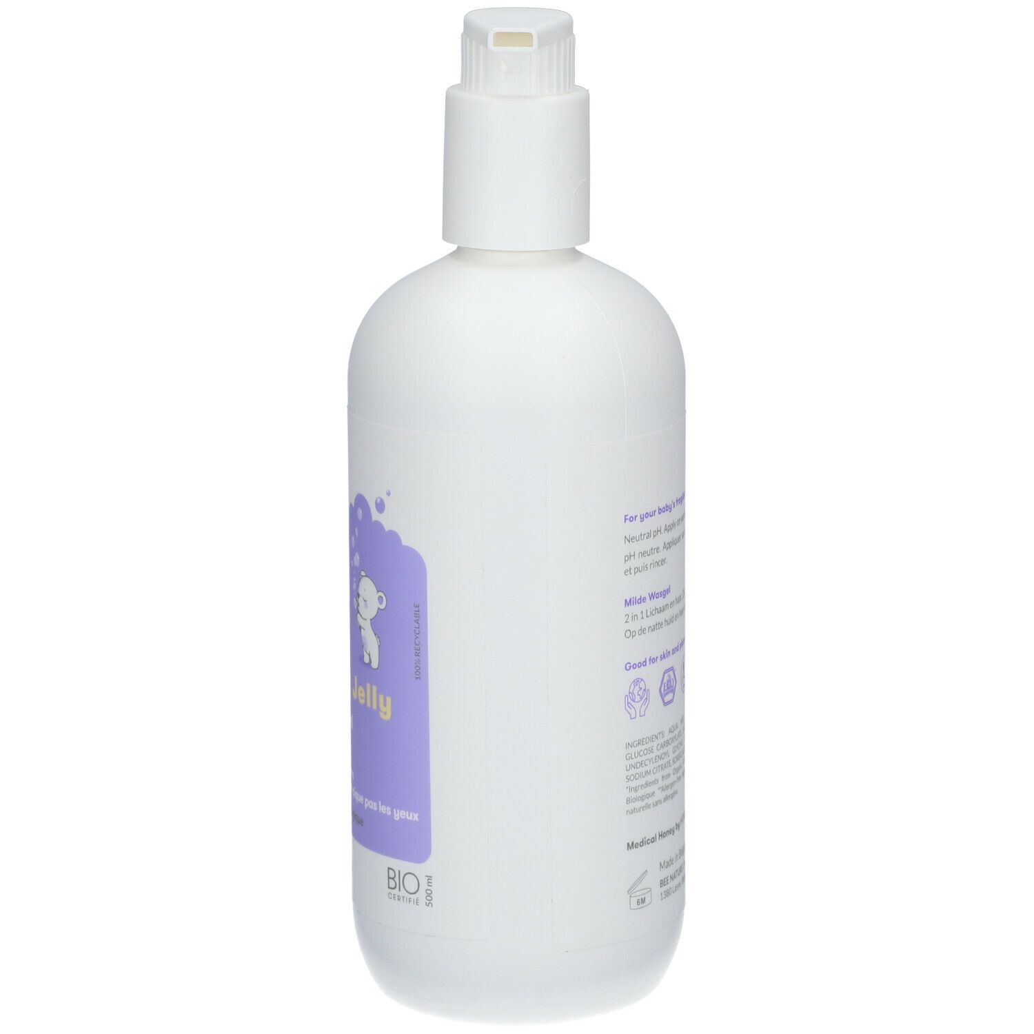 Vue latérale du flacon blanc. Étiquette violette avec texte: Bee Nature, Cleansing Jelly, Gel Lavant Doux. Avec pompe.