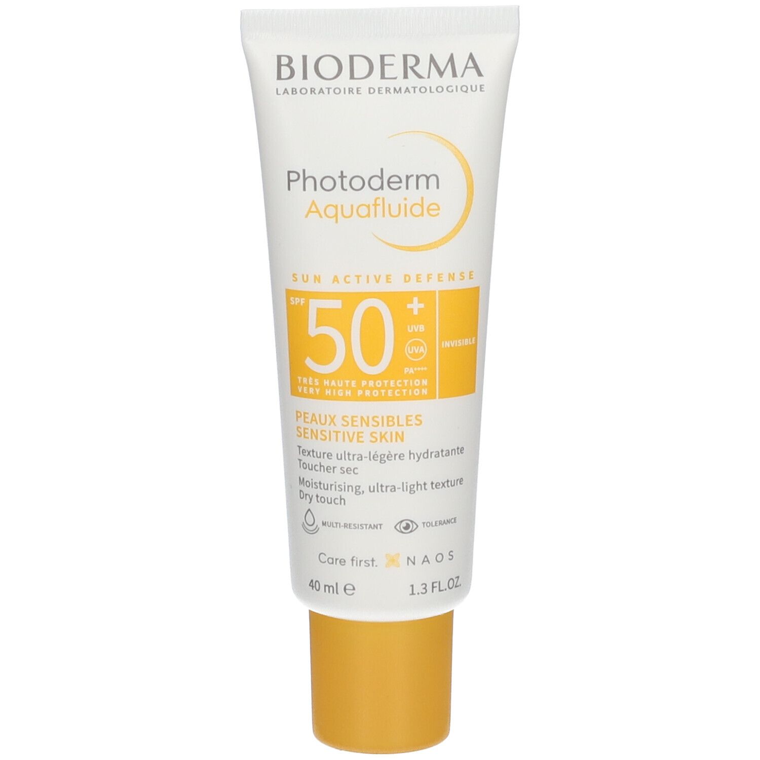 Tube zonnebrandcrème. Wit, geel. Opschrift: Bioderma, Photoderm Aquafluide SPF50+. Voor gevoelige huid.
