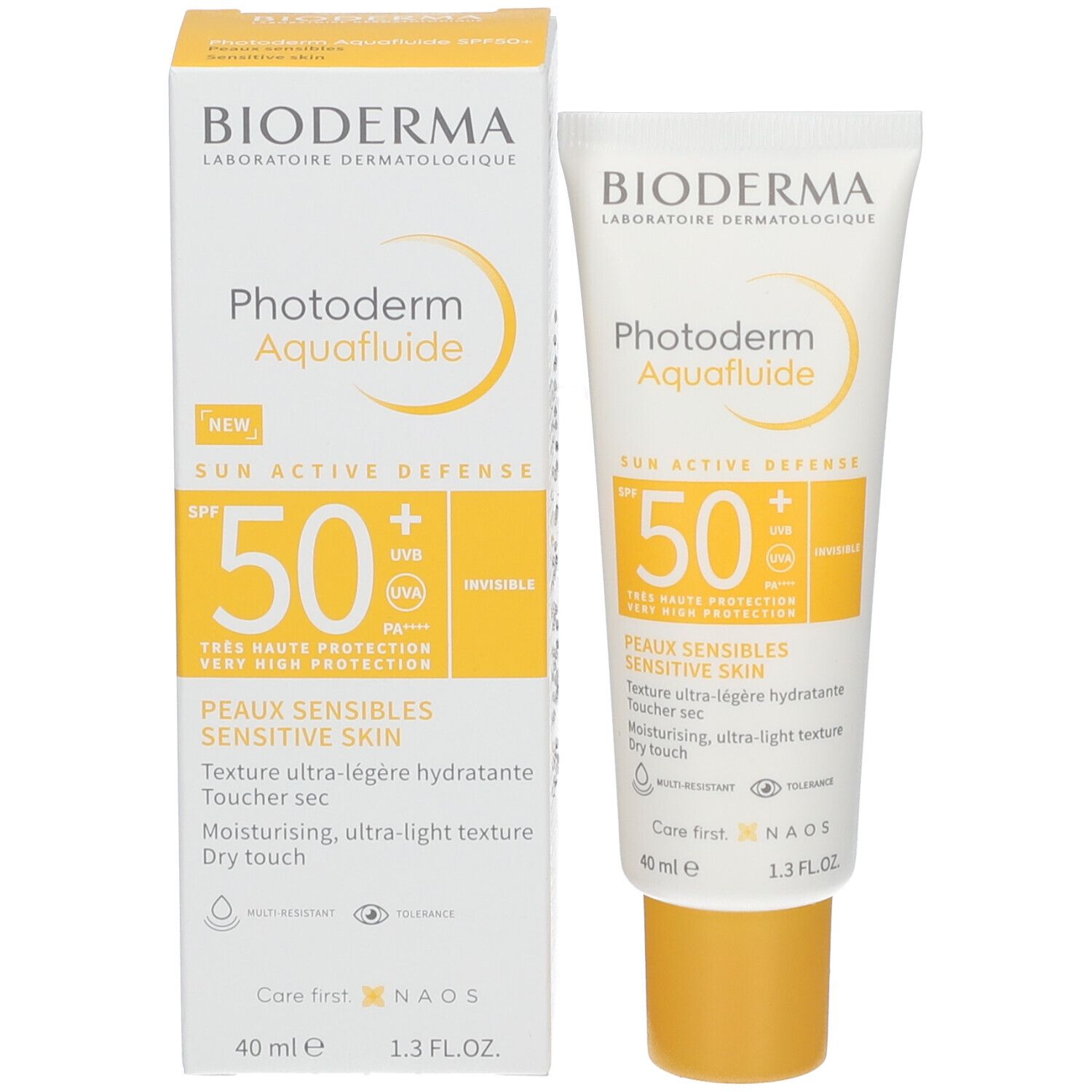 Tube en verpakking zonnebrandcrème. Wit, geel. Opschrift: Bioderma, Photoderm Aquafluide SPF50+. Gevoelige huid.