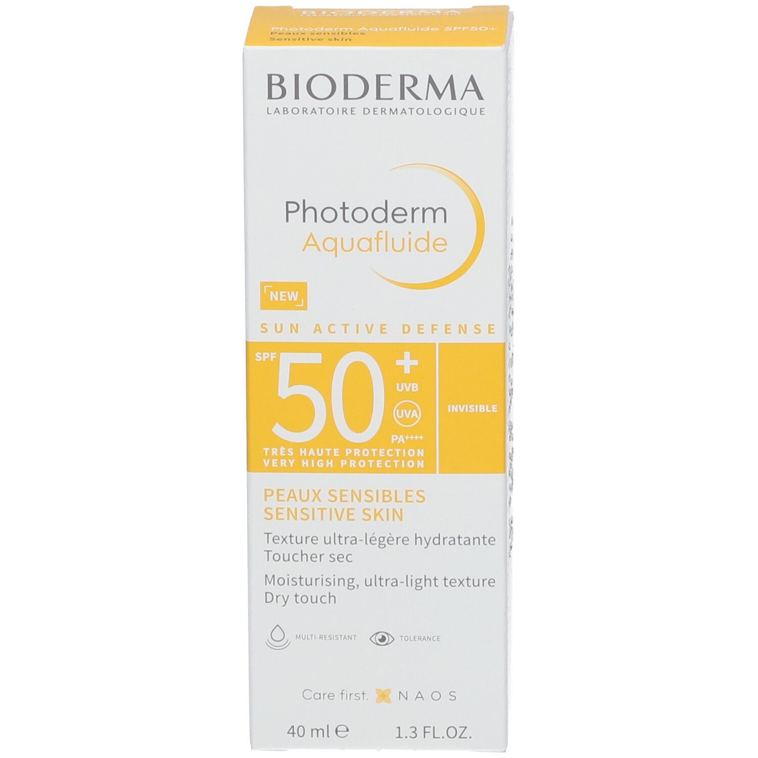 Verpakking zonnebrandcrème. Wit, geel. Opschrift: Bioderma, Photoderm Aquafluide SPF50+. Gevoelige huid.