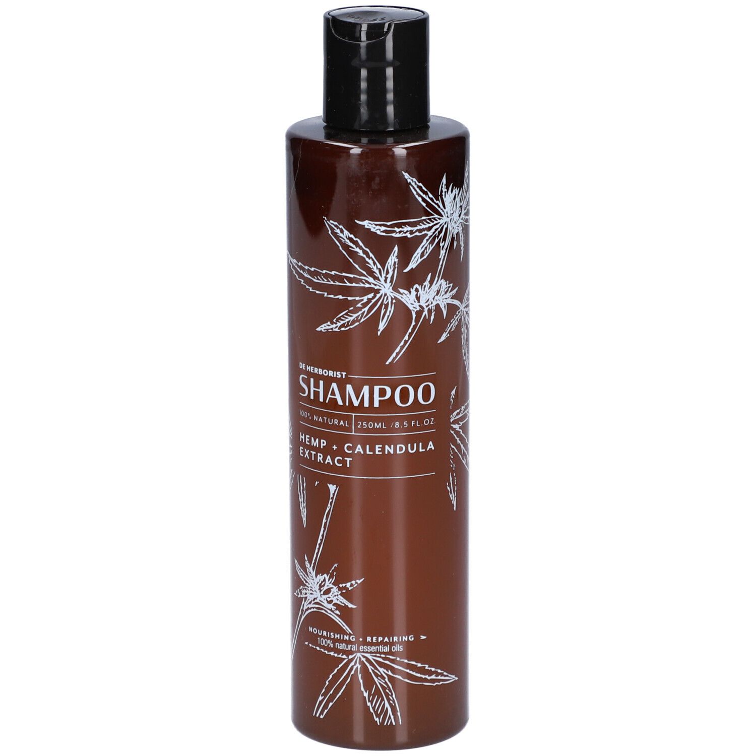 Bruine shampoo fles met zwarte dop. Witte tekst en henneptak decoratie. Tekst: Shampoo, Hennep + Calendula extract.