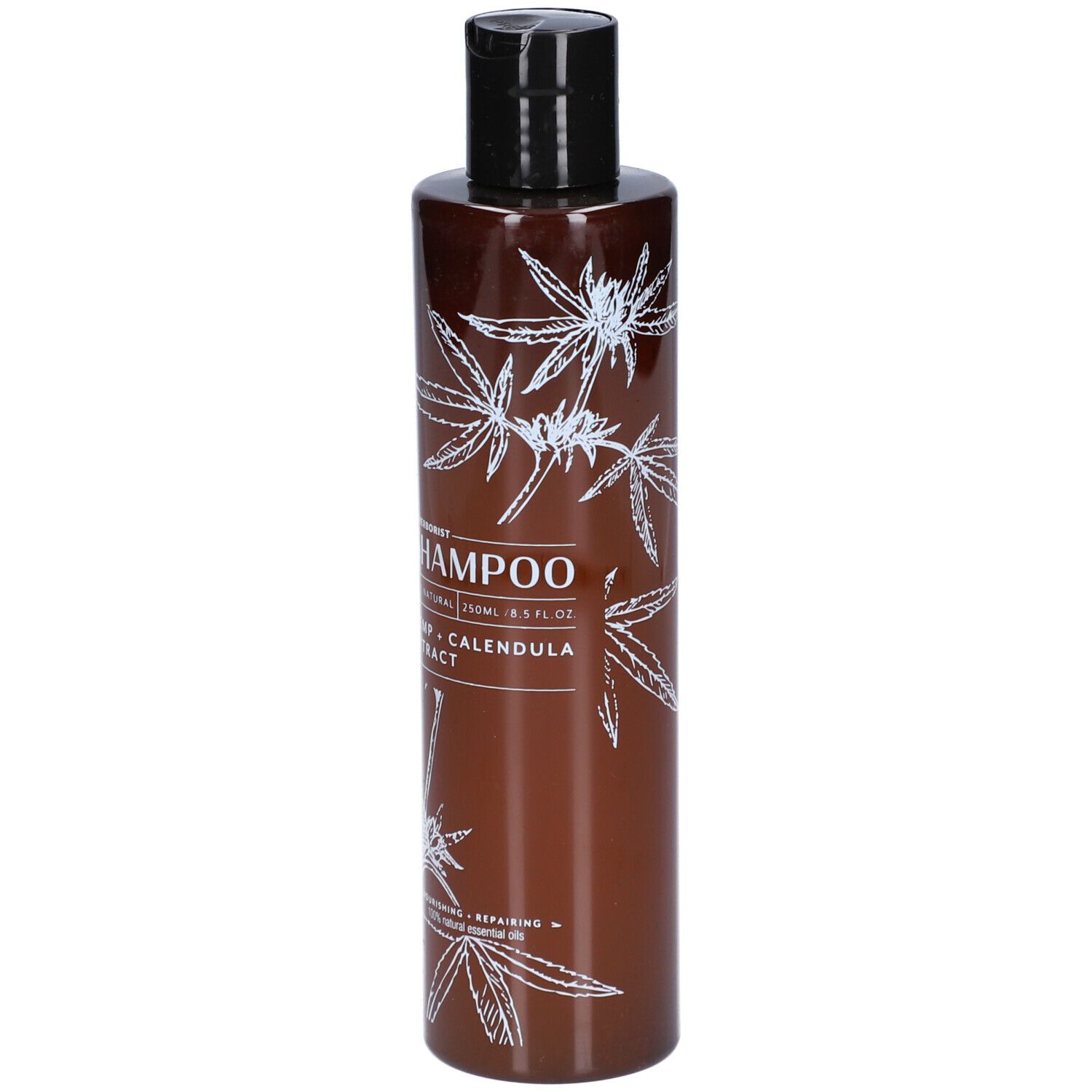 Bruine shampoo fles met zwarte dop. Witte tekst en henneptak decoratie. Tekst: Shampoo, Hennep + Calendula extract.