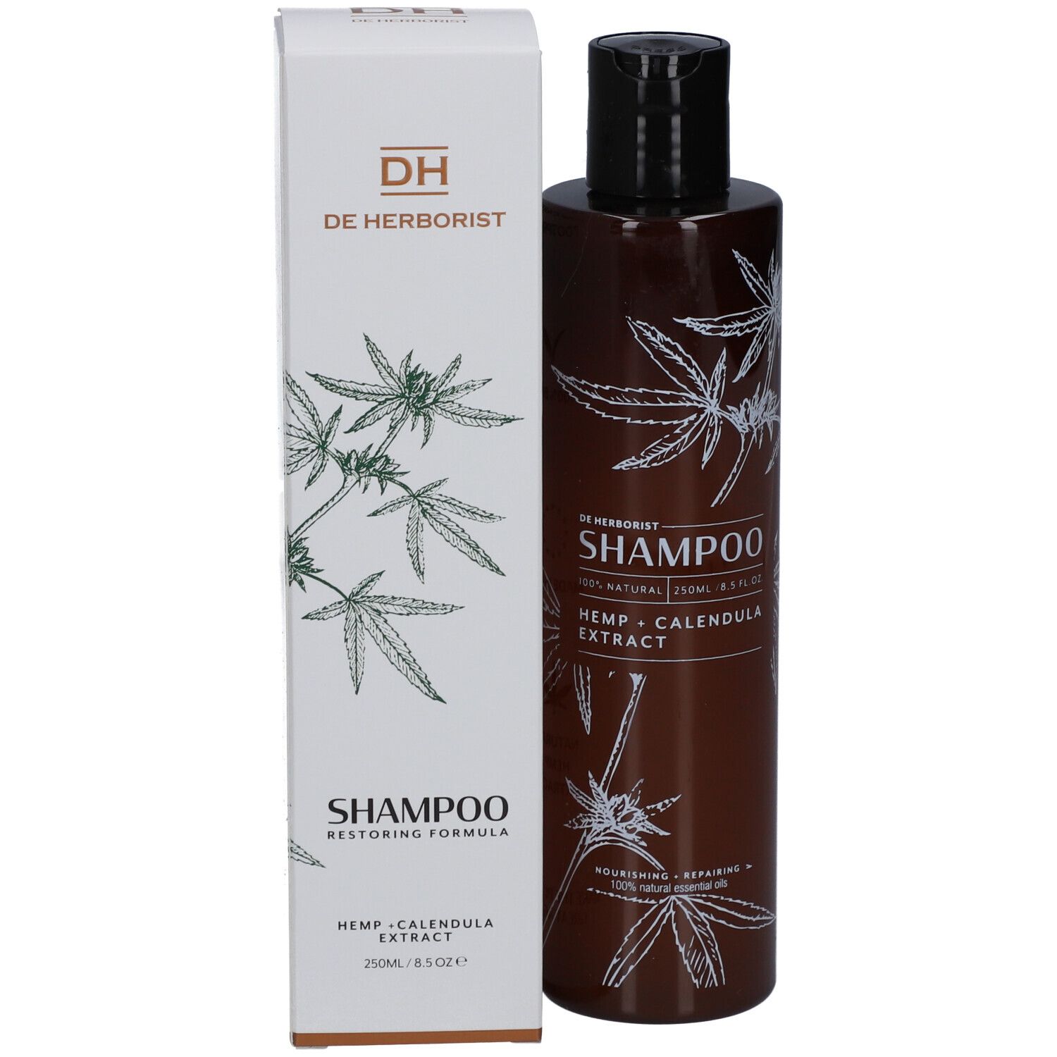 Shampoo fles en doos. Fles bruin, zwarte dop, witte tekst. Doos wit met tekst en henneptak decoratie.
