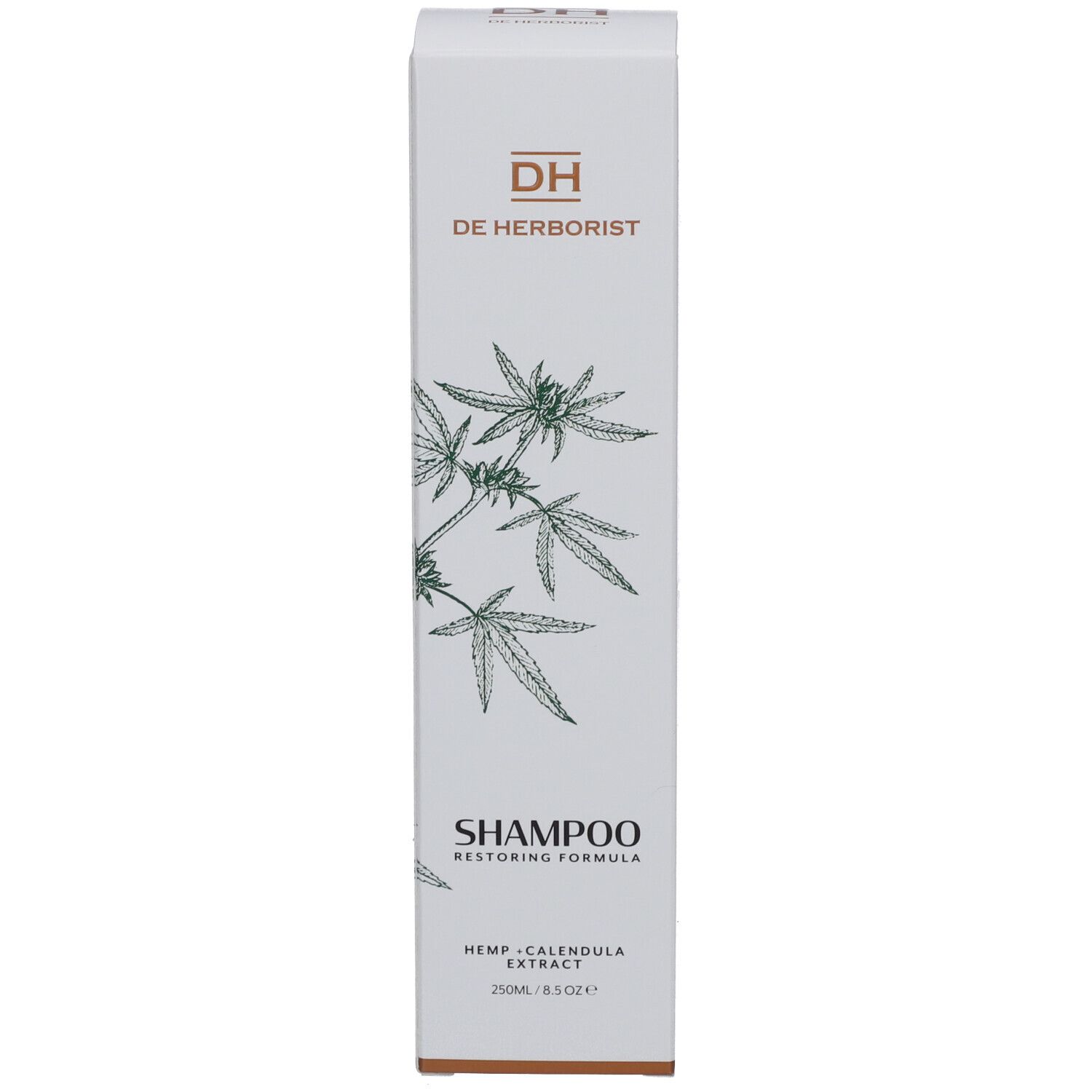 Witte doos met tekst en henneptak decoratie. Tekst: Shampoo, Restoring Formula, Hennep + Calendula extract.