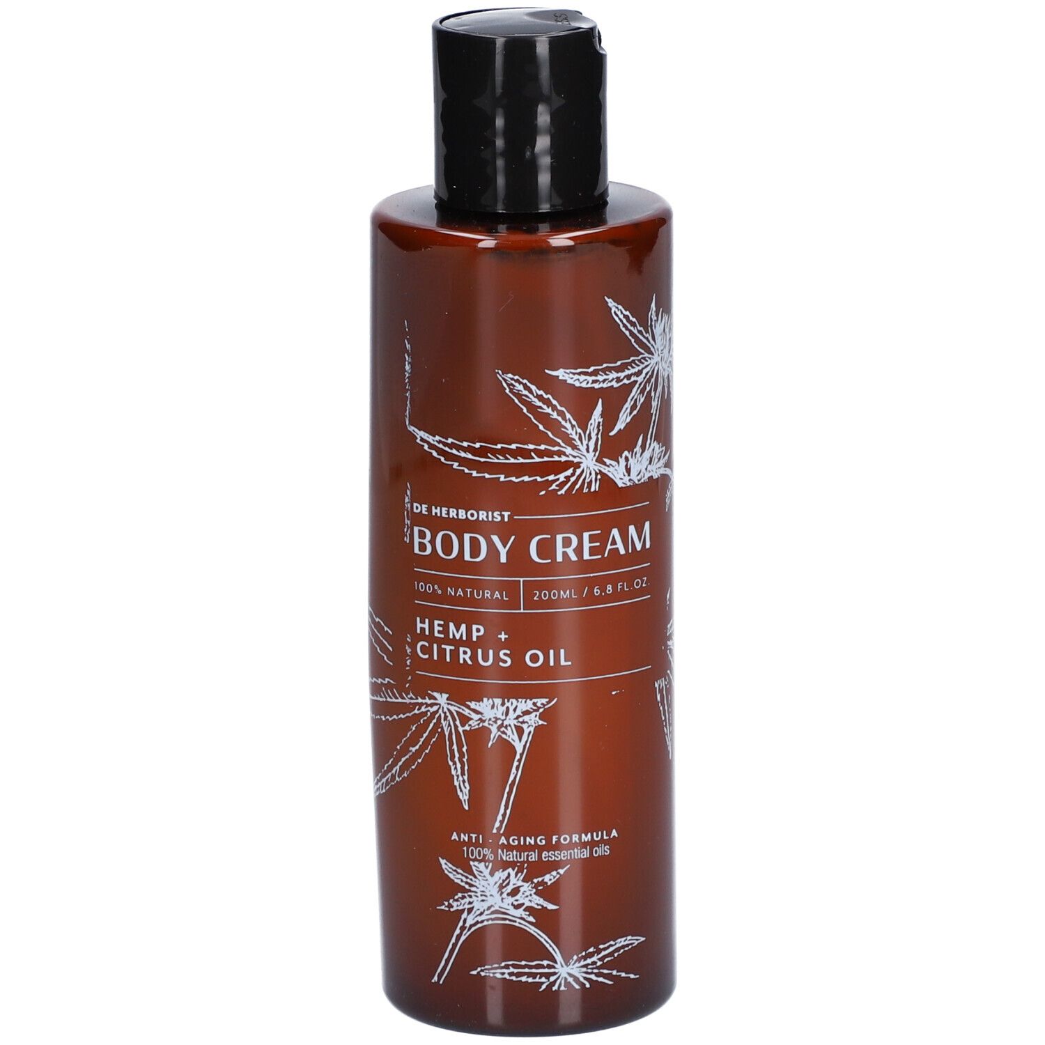 Braune Flasche mit schwarzem Deckel. Aufschrift: Body Cream, Hanf + Zitrusöl. Weiße Hanfblatt-Illustrationen.