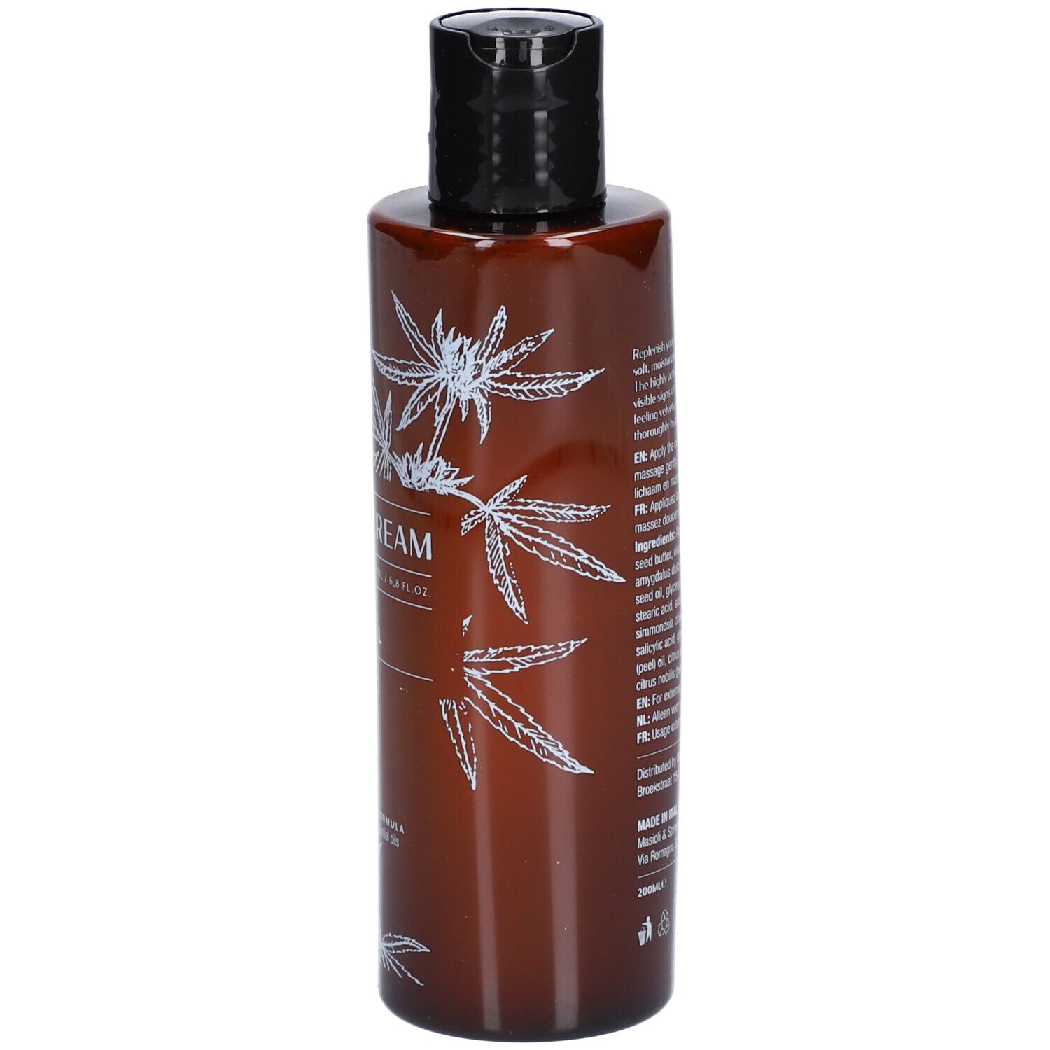 Braune Flasche mit schwarzem Deckel. Aufschrift: Body Cream, Hanf + Zitrusöl. Weiße Hanfblatt-Illustrationen. Text auf der Rückseite.