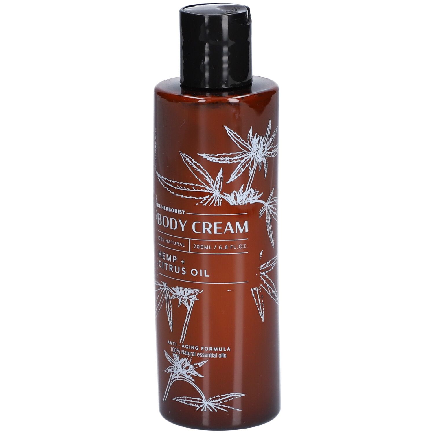 Braune Flasche mit schwarzem Deckel. Aufschrift: Body Cream, Hanf + Zitrusöl. Weiße Hanfblatt-Illustrationen.
