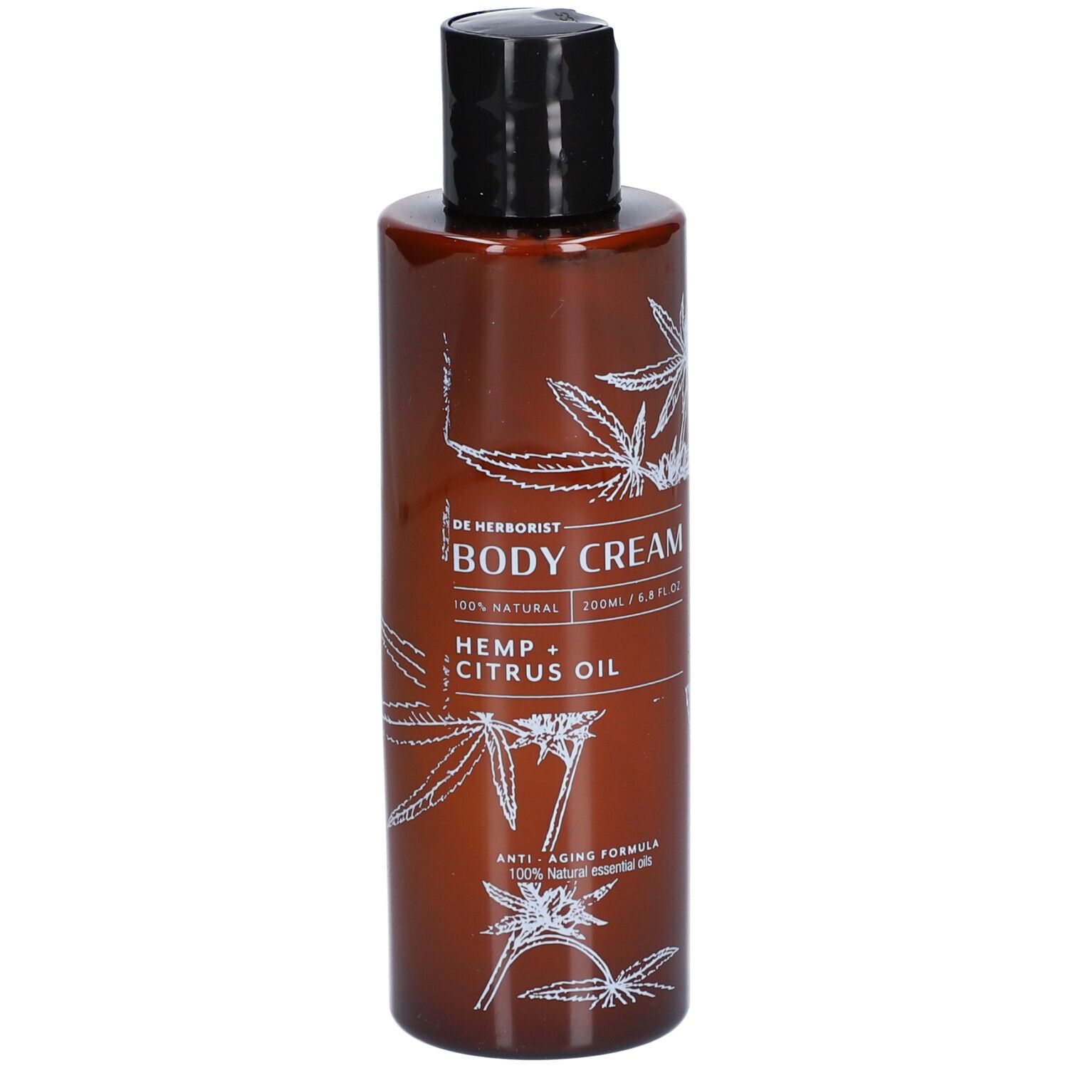 Braune Flasche mit schwarzem Deckel. Aufschrift: Body Cream, Hanf + Zitrusöl. Weiße Hanfblatt-Illustrationen.