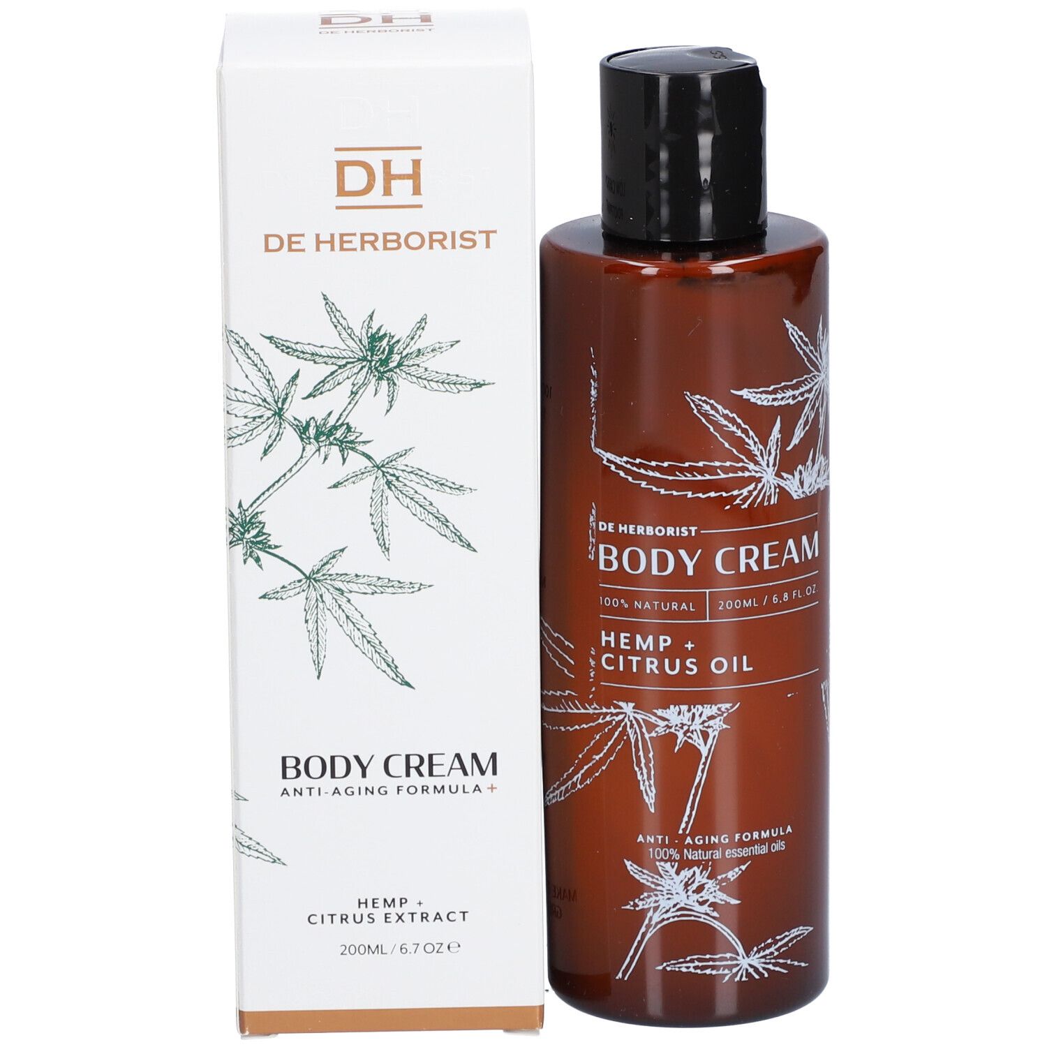 Produktflasche und Verpackung. Weiße Verpackung mit Aufschrift: Body Cream, Hanf + Zitrusöl. Hanfblatt-Illustrationen.