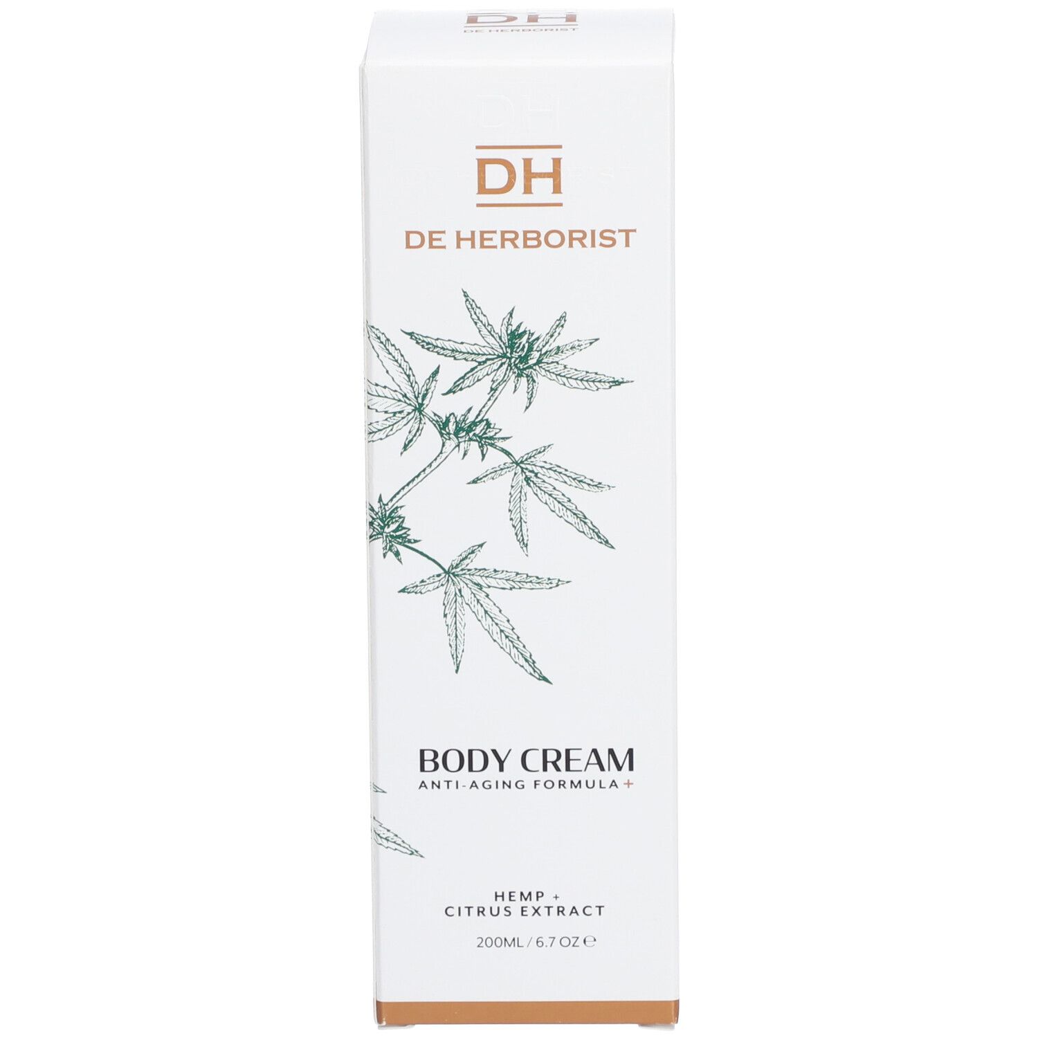 Weiße Verpackung mit Aufschrift: Body Cream, Hanf + Zitrusöl. Hanfblatt-Illustrationen. Marke DH.