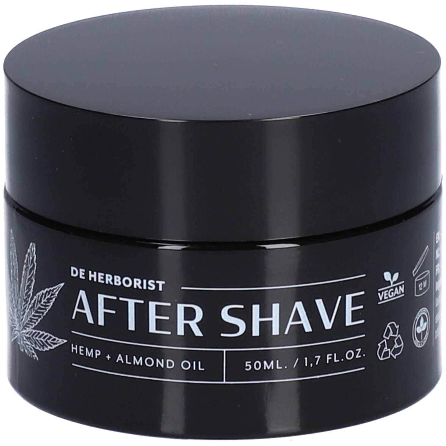Zwarte pot met deksel. Opschrift: After Shave, Hennep + Amandelolie. Vegan-zegel. 50ml/1,7 fl.oz.