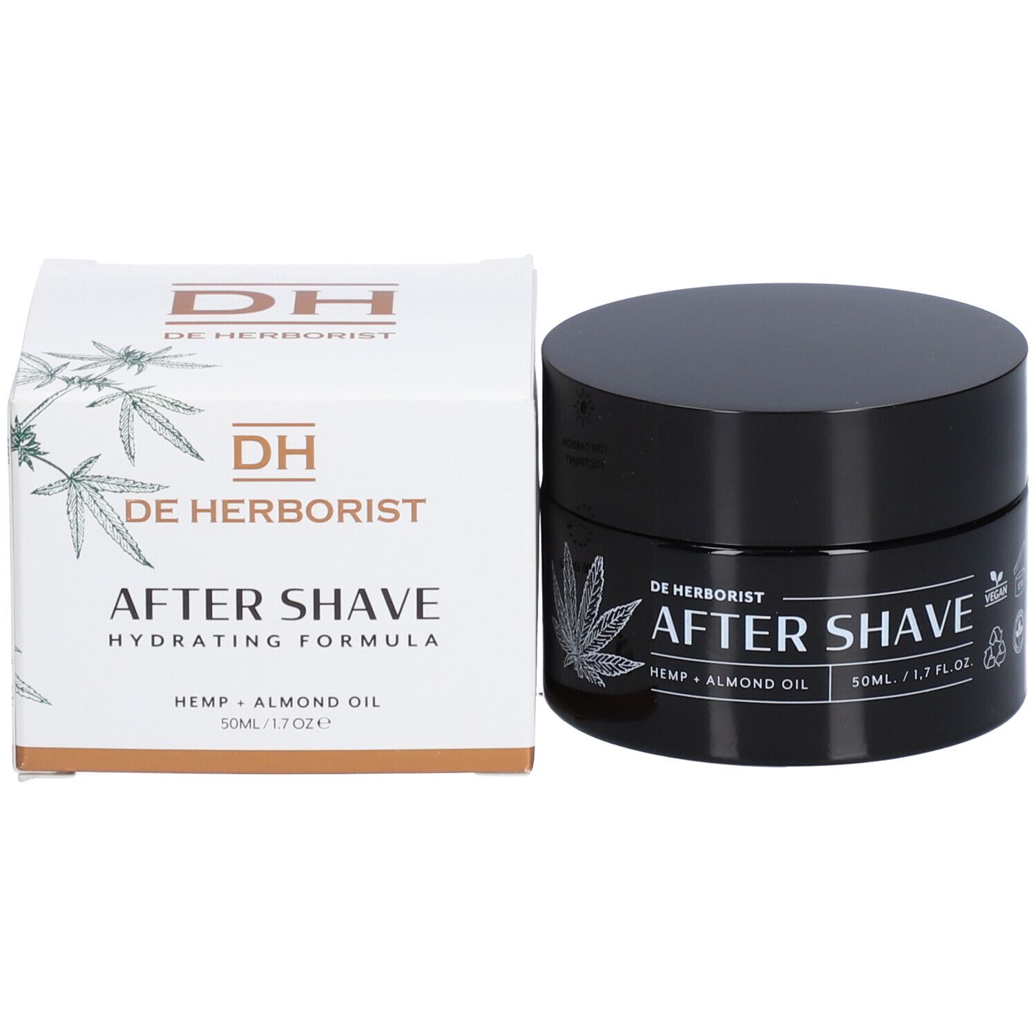 Productverpakking en pot. Verpakking: wit met bruine accenten. Opschrift: De Herborist, After Shave, Hennep + Amandelolie.