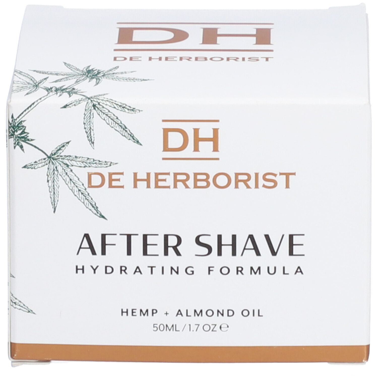 Witte productverpakking met bruine accenten. Opschrift: De Herborist, After Shave, Hydraterende formule, Hennep + Amandelolie.