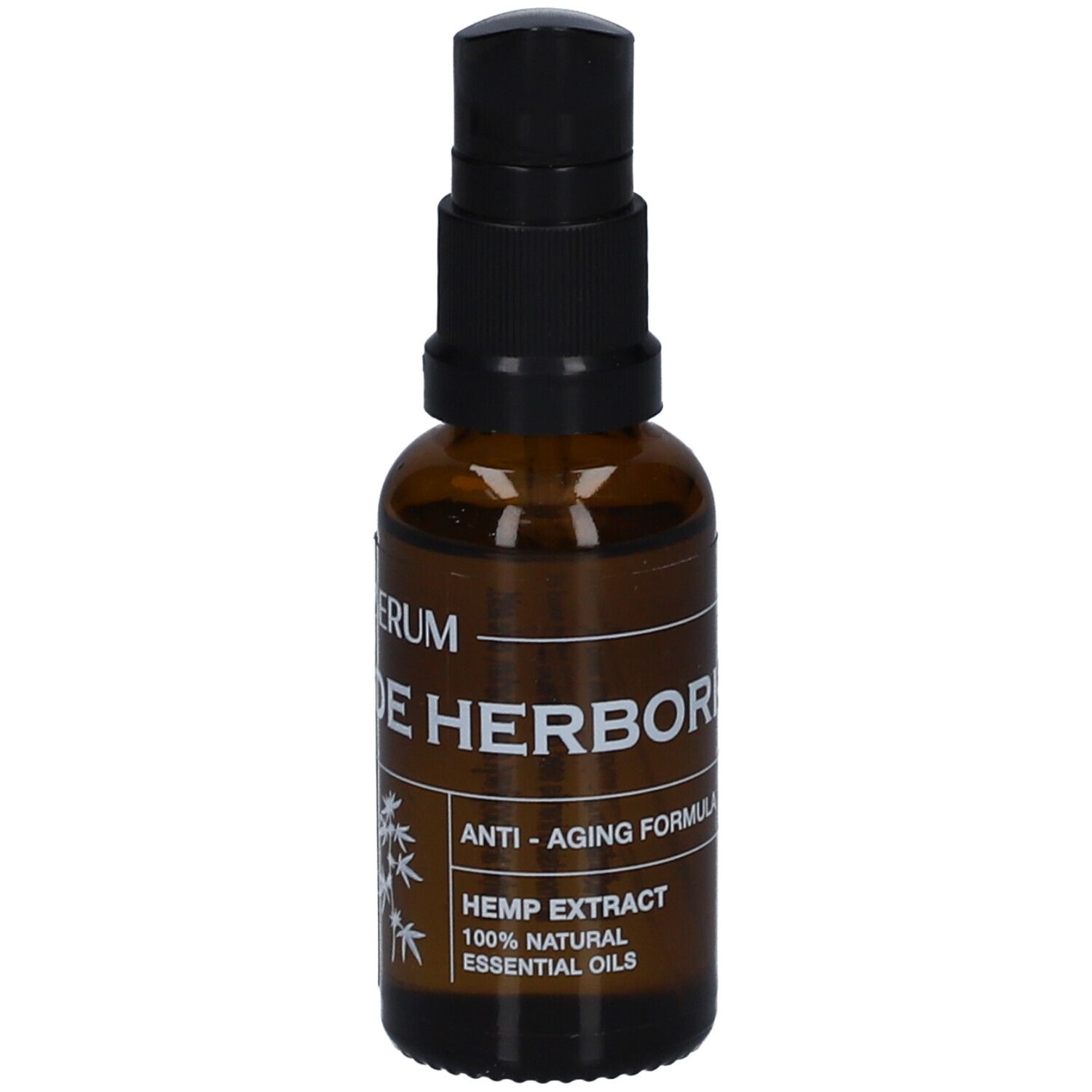 Flacon en verre brun avec pompe noire. Inscription : Sérum, DE HERBORIST, Anti-âge, Extrait de chanvre, huiles essentielles 100% naturelles.
